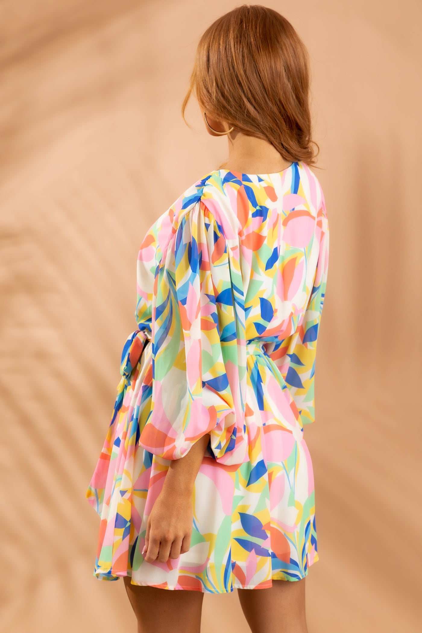 Carnation Pink Abstract Print Surplice Mini Dress