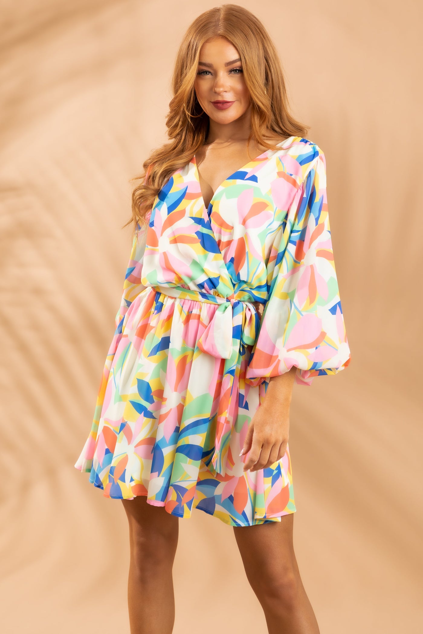Carnation Pink Abstract Print Surplice Mini Dress