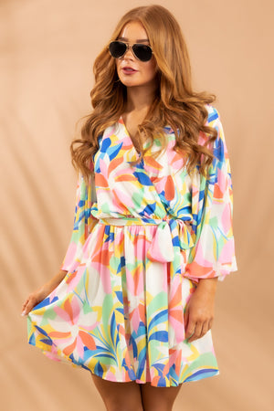 Carnation Pink Abstract Print Surplice Mini Dress