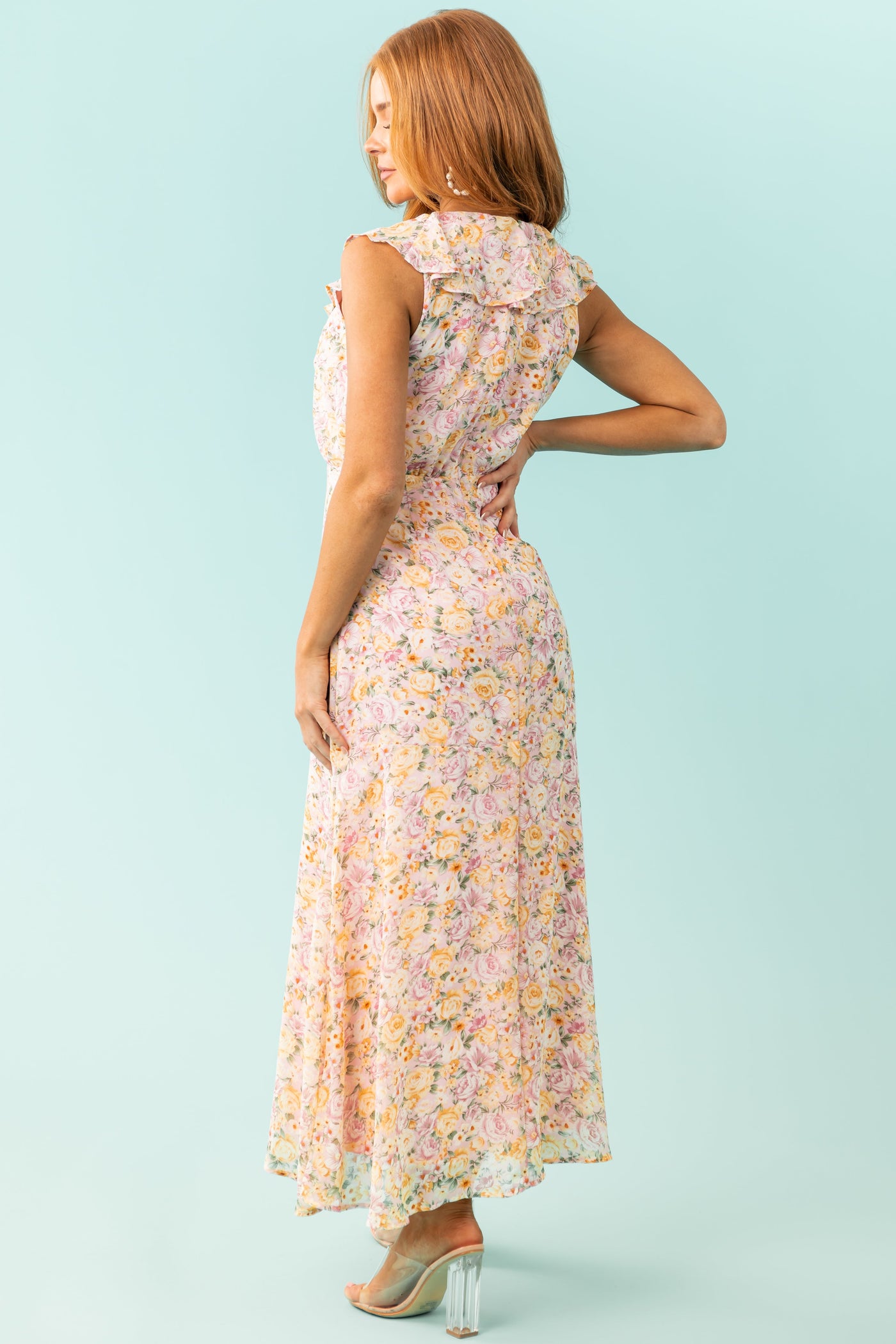 Carnation Pink Floral Lace Up V Neck Maxi Dress