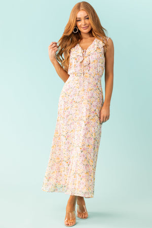 Carnation Pink Floral Lace Up V Neck Maxi Dress