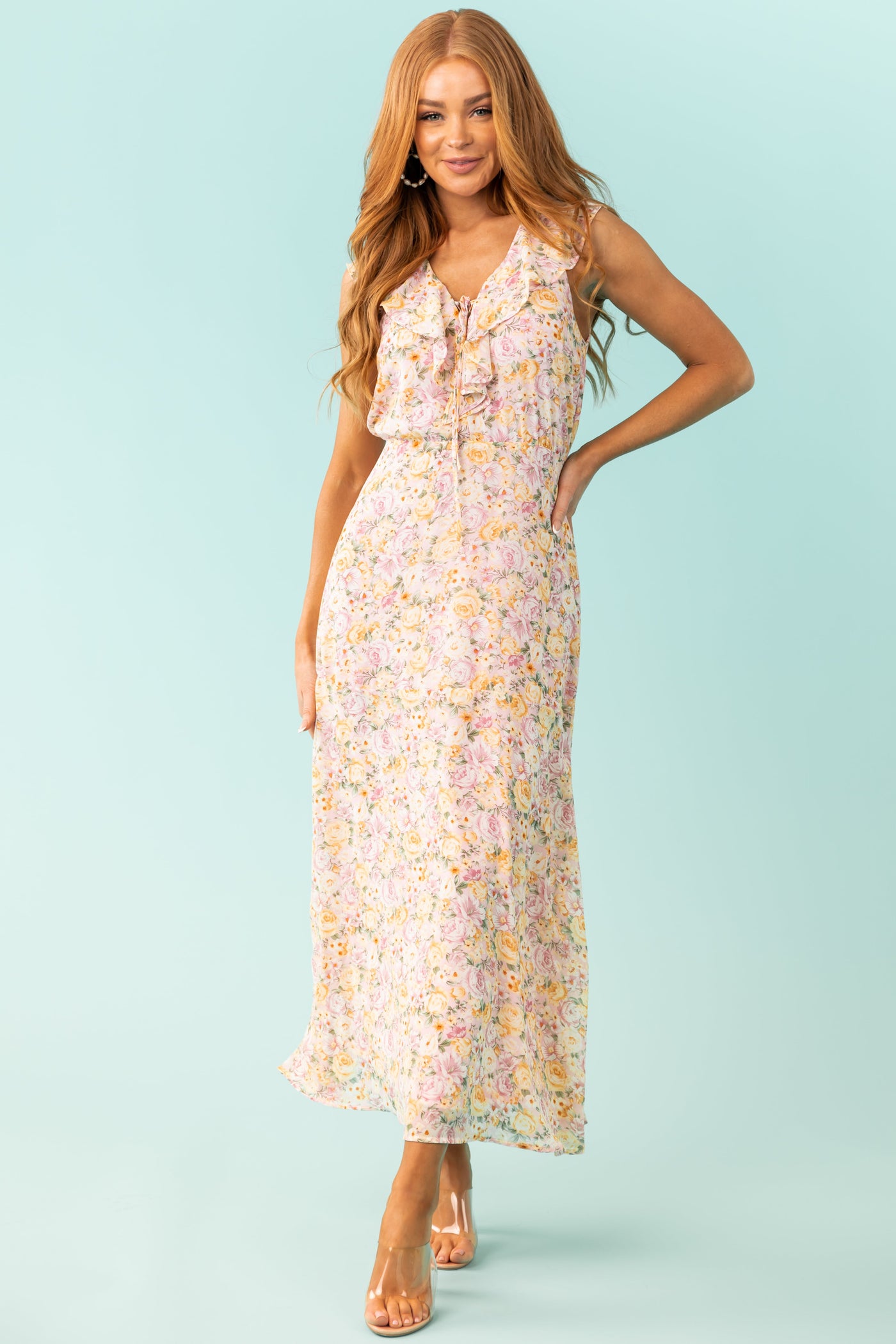 Carnation Pink Floral Lace Up V Neck Maxi Dress