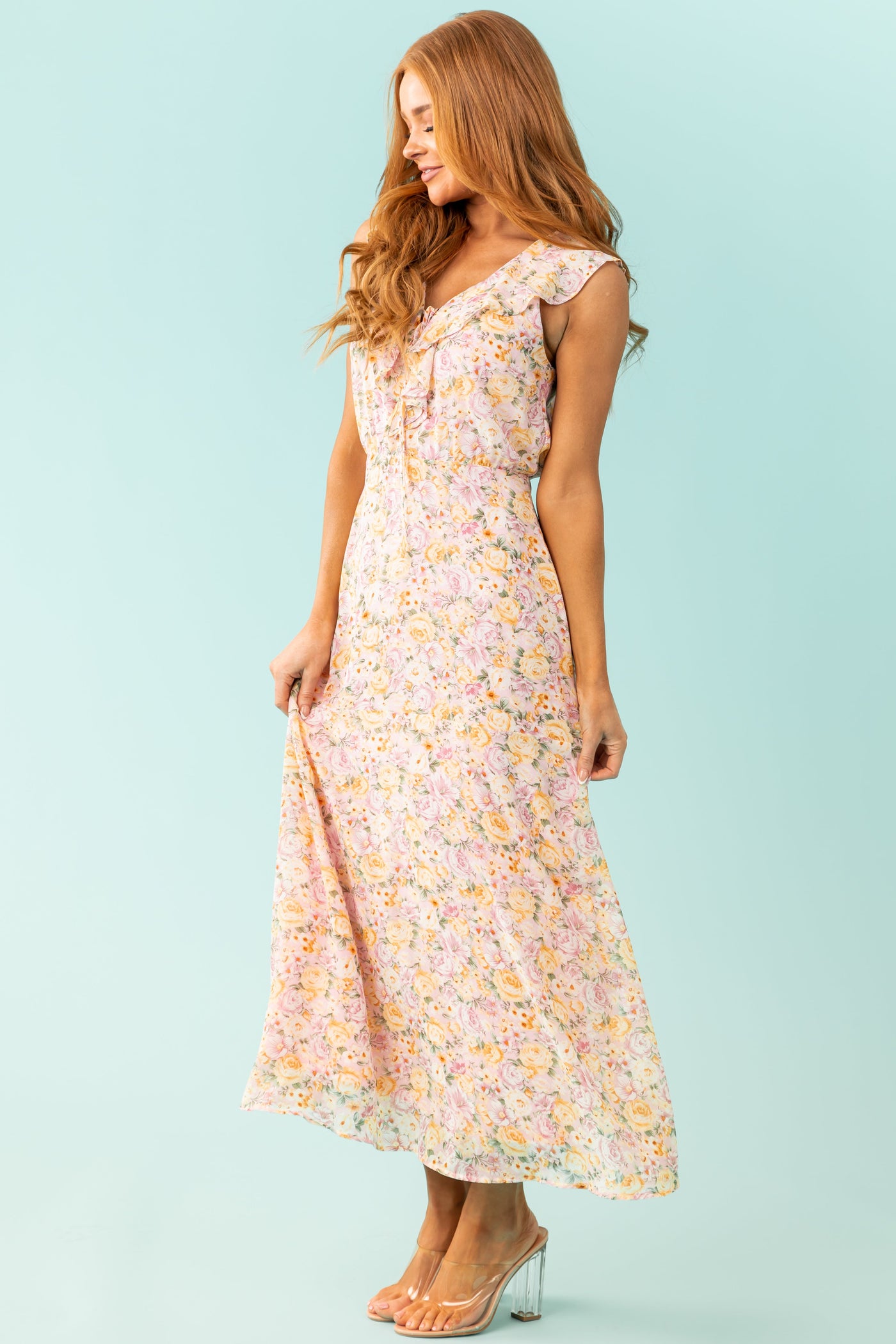 Carnation Pink Floral Lace Up V Neck Maxi Dress