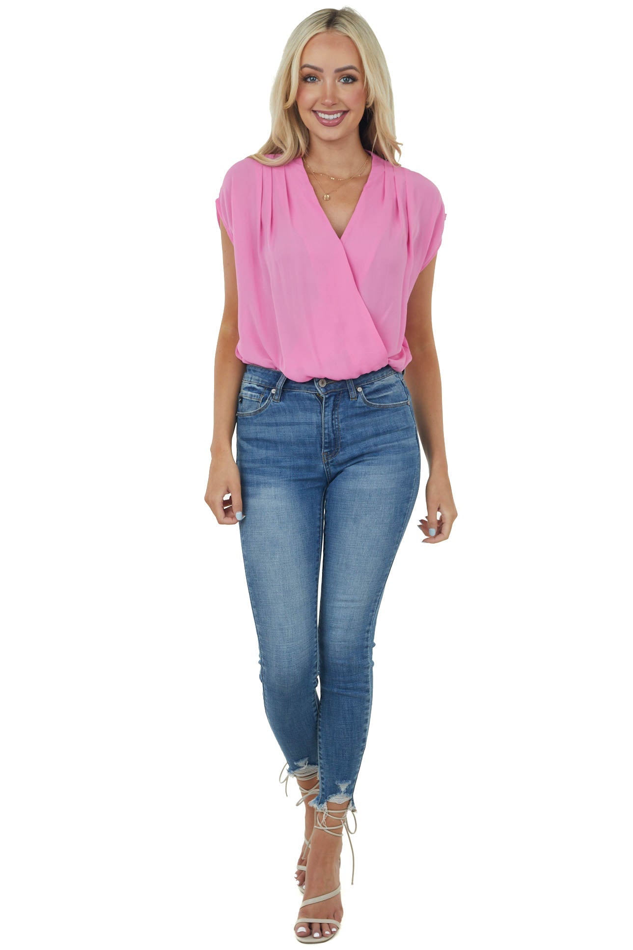 Carnation Pink Surplice Blouson Woven Bodysuit