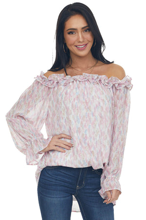Carnation Watercolor Ruffle Off Shoulder Top