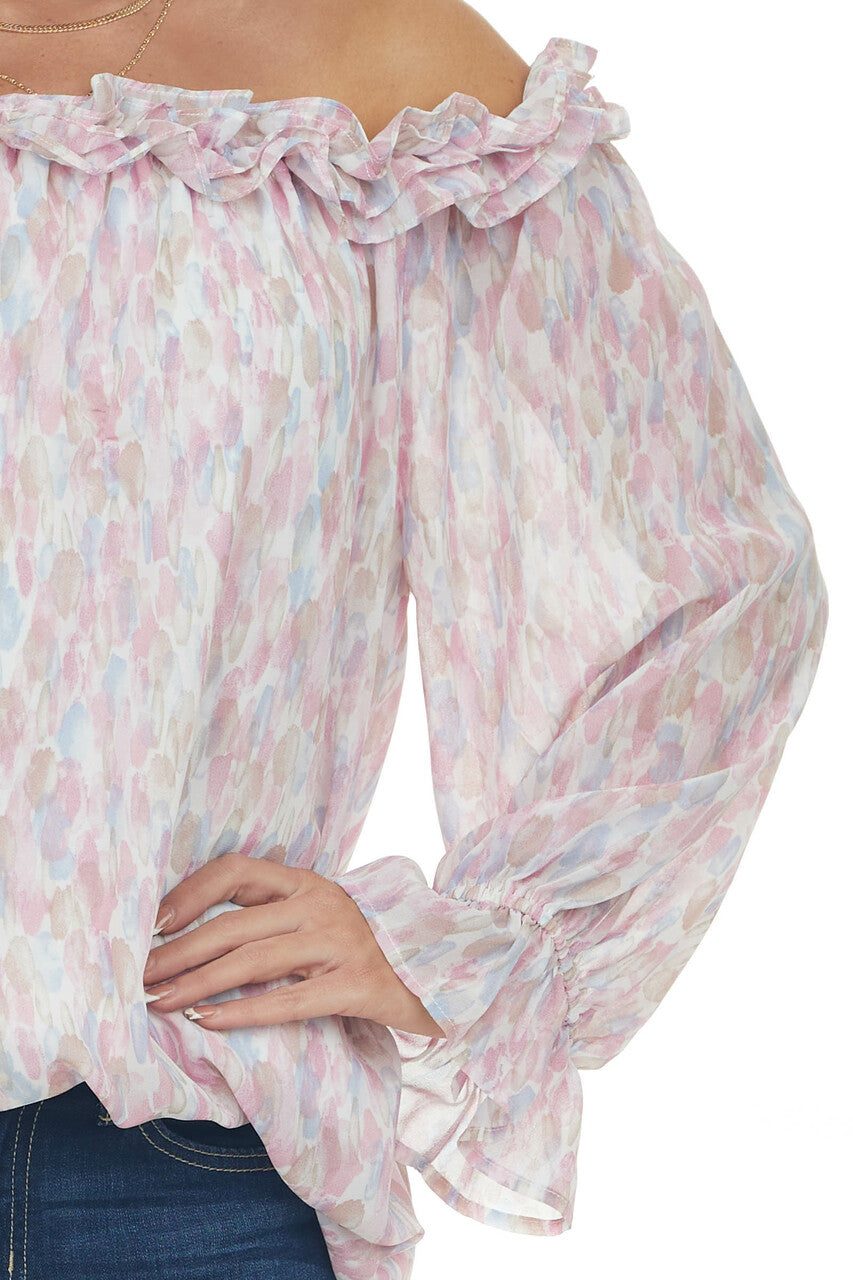 Carnation Watercolor Ruffle Off Shoulder Top