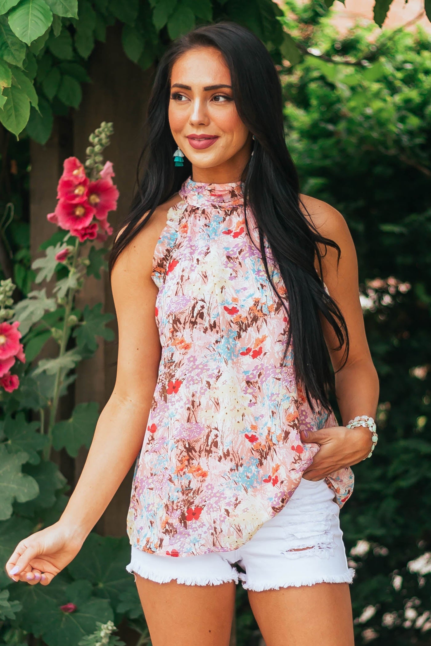 Carnation Multi Floral Halter Back Tie Blouse