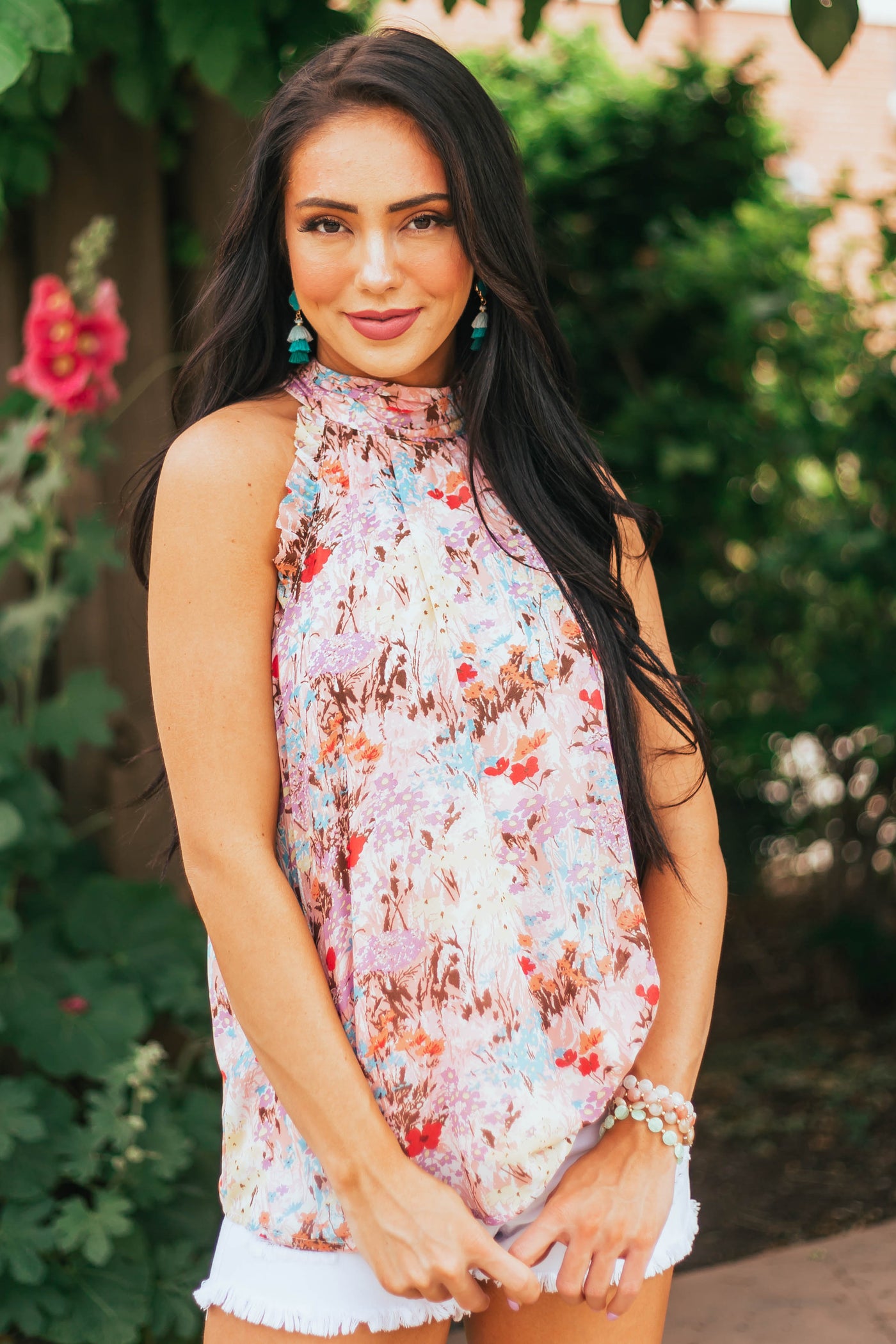 Carnation Multi Floral Halter Back Tie Blouse