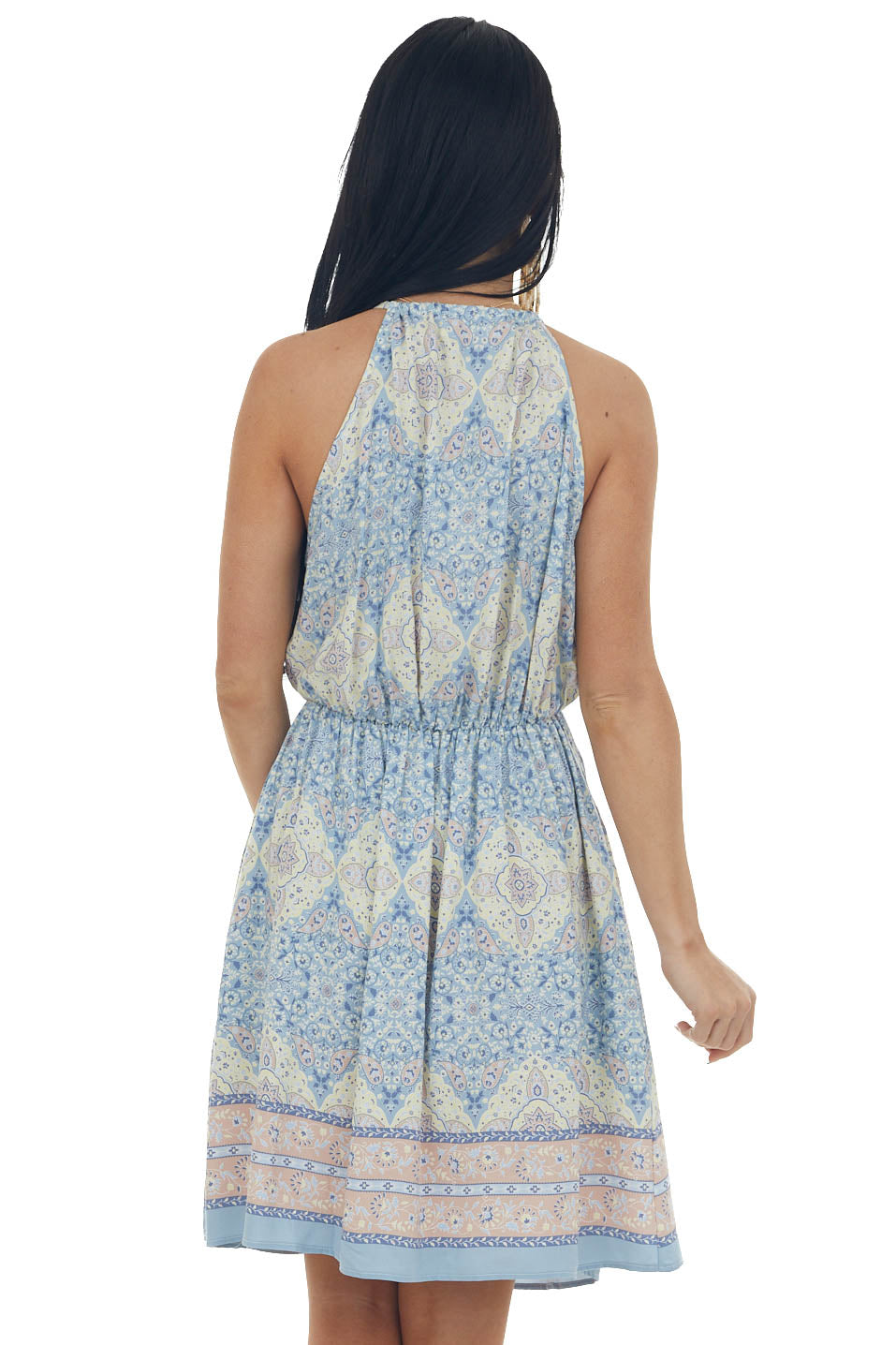 Chambray Printed V Neck Short Dress with Pockets