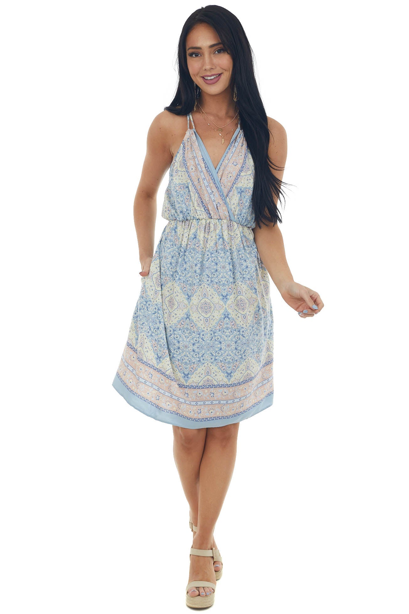 Chambray Printed V Neck Short Dress with Pockets