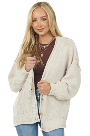 Champagne Button Front Chenille Knit Cardigan