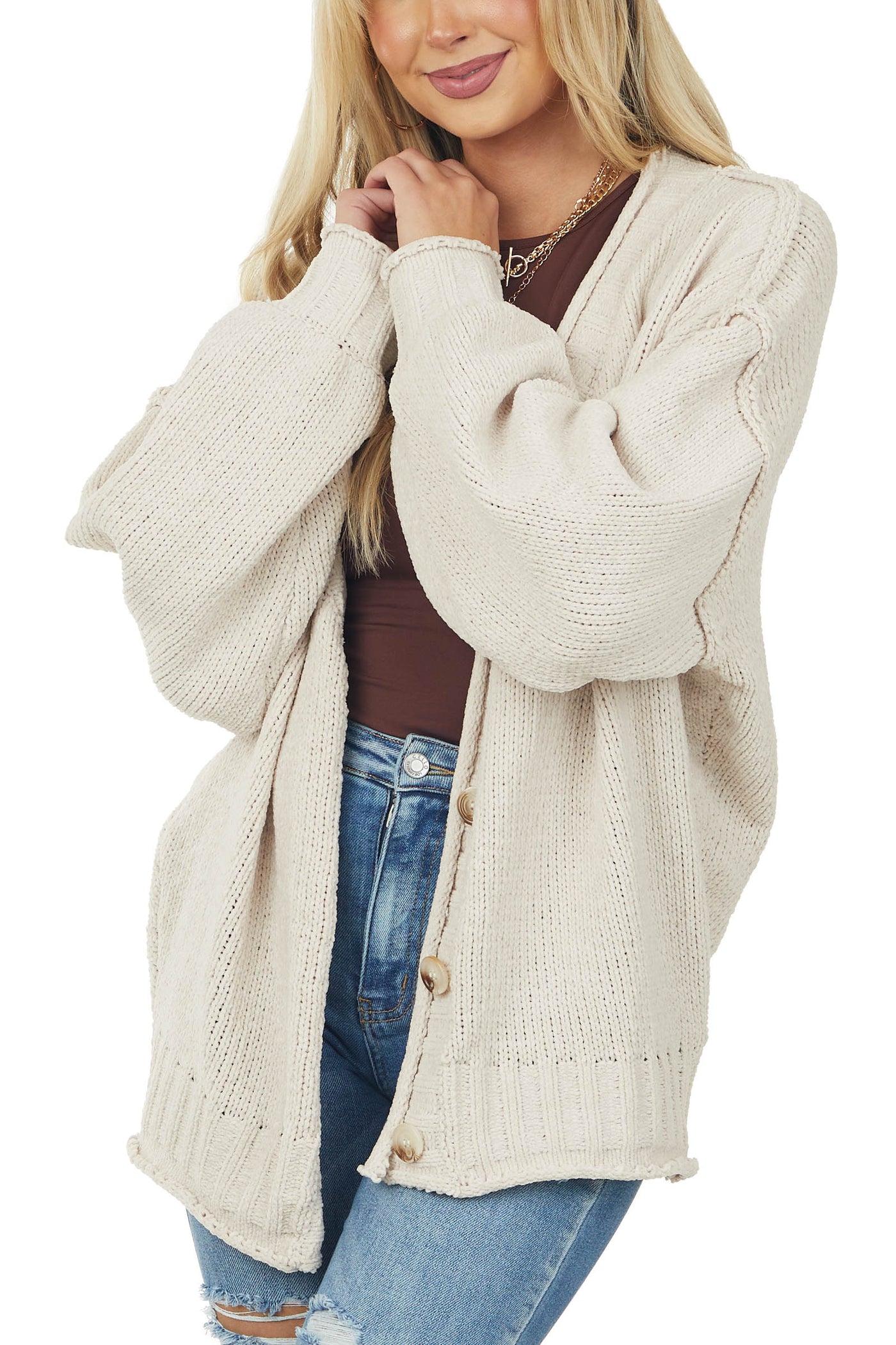 Champagne Button Front Chenille Knit Cardigan