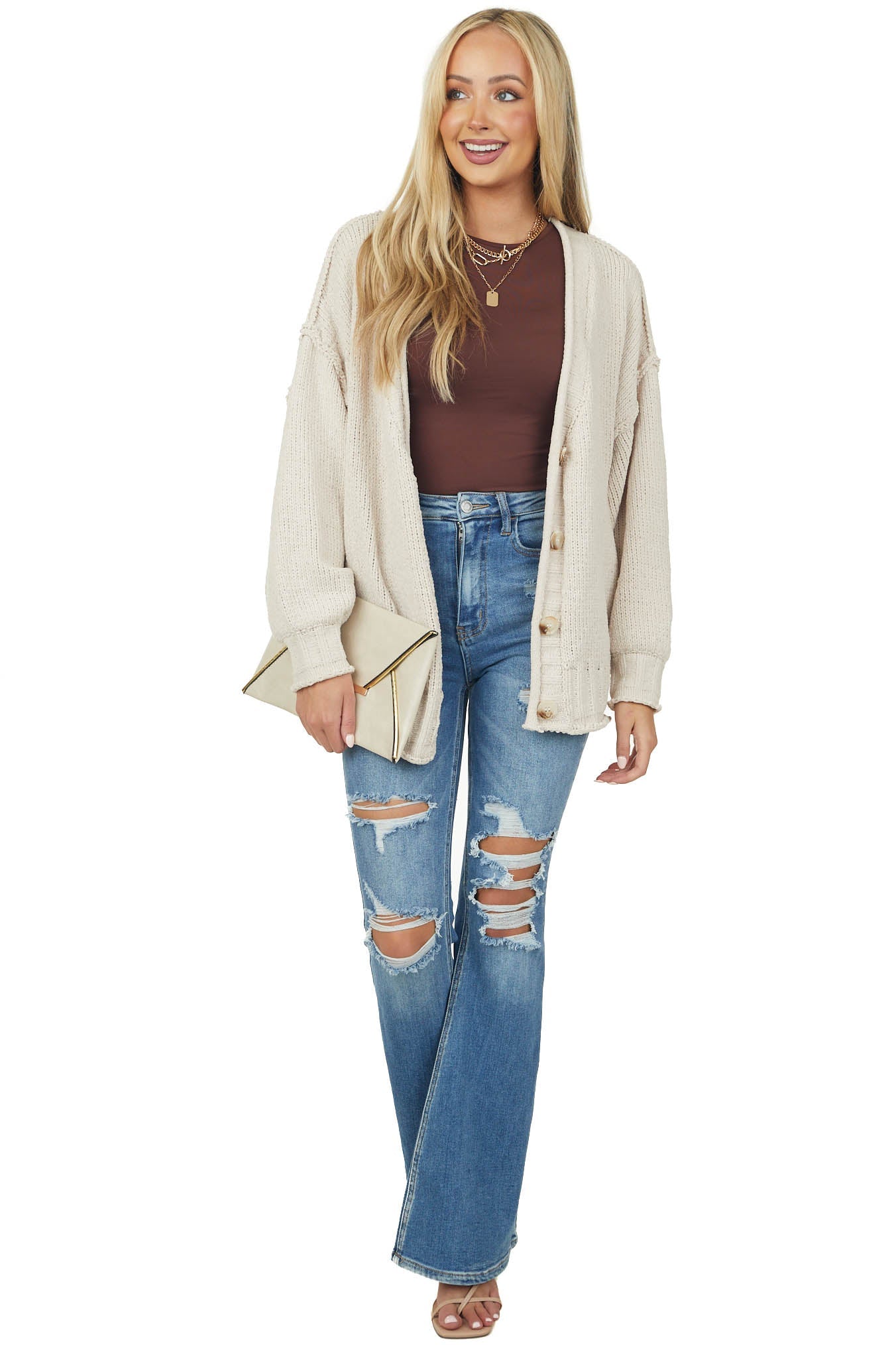 Champagne Button Front Chenille Knit Cardigan