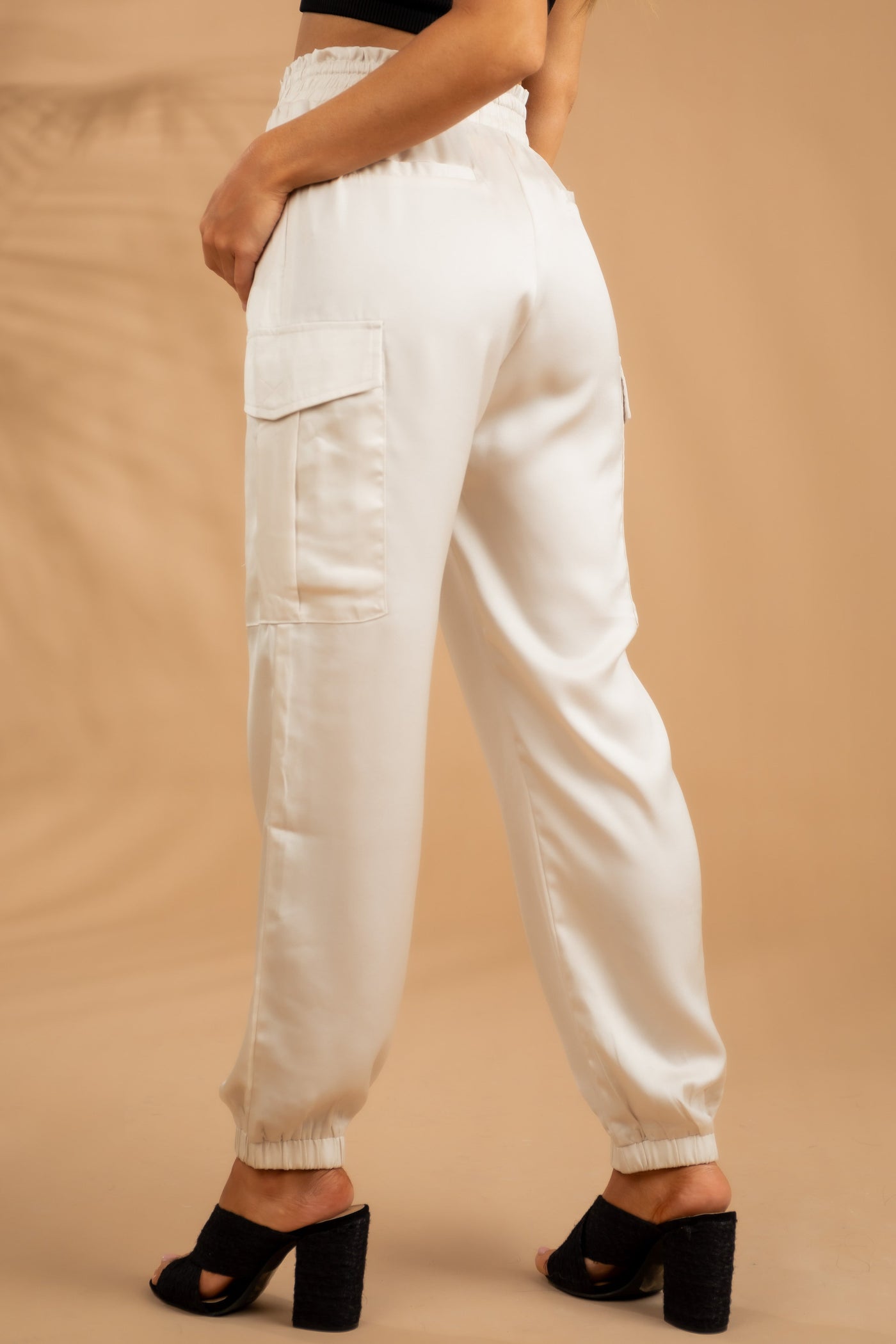 Champagne Cargo Pocket Satin Drawstring Joggers