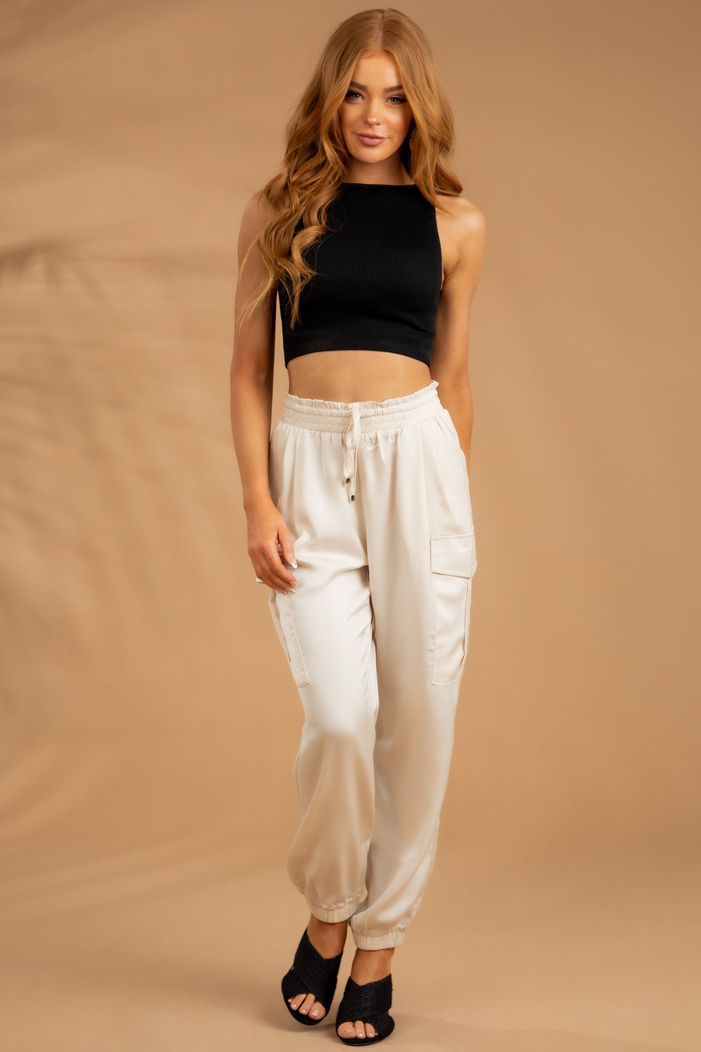 Champagne Cargo Pocket Satin Drawstring Joggers