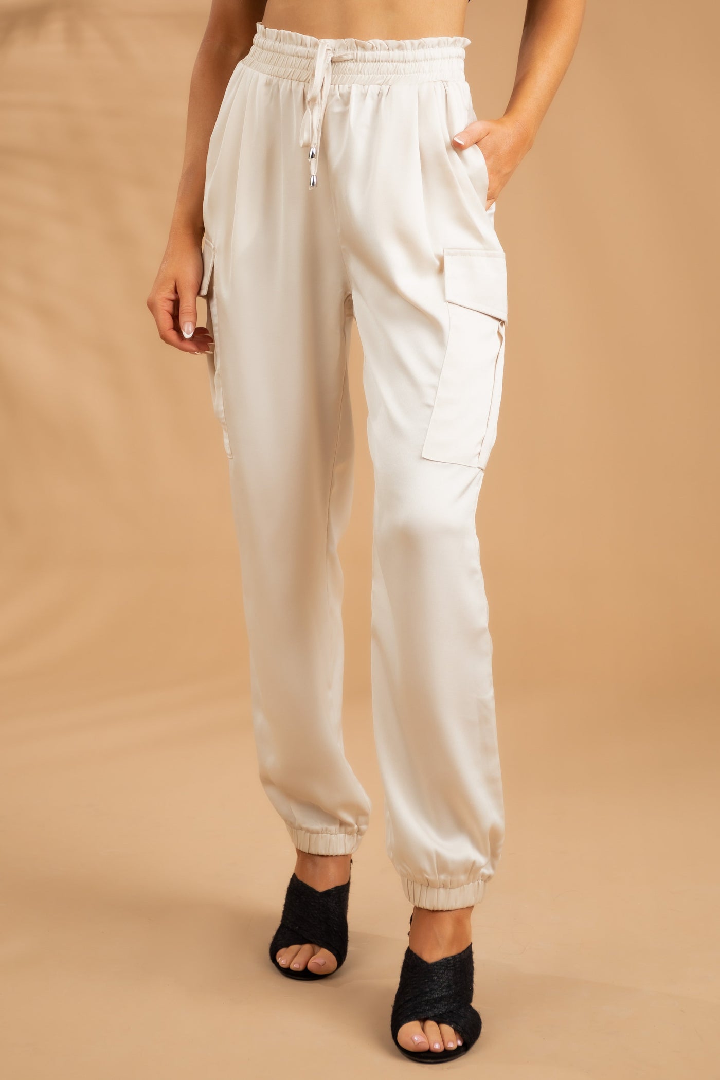 Champagne Cargo Pocket Satin Drawstring Joggers