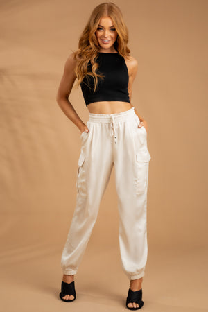Champagne Cargo Pocket Satin Drawstring Joggers
