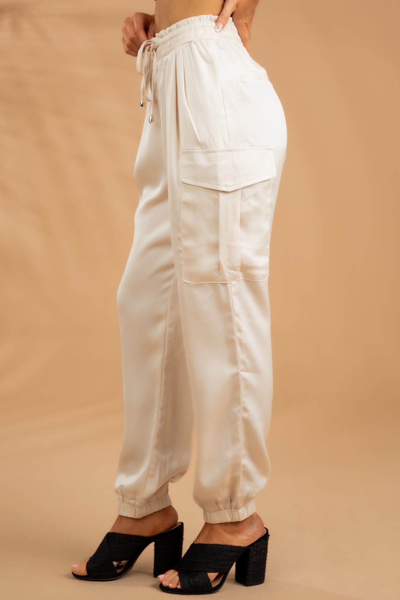 Champagne Cargo Pocket Satin Drawstring Joggers
