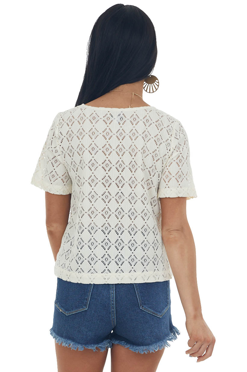 Champagne Crochet Lace Short Sleeve Woven Top