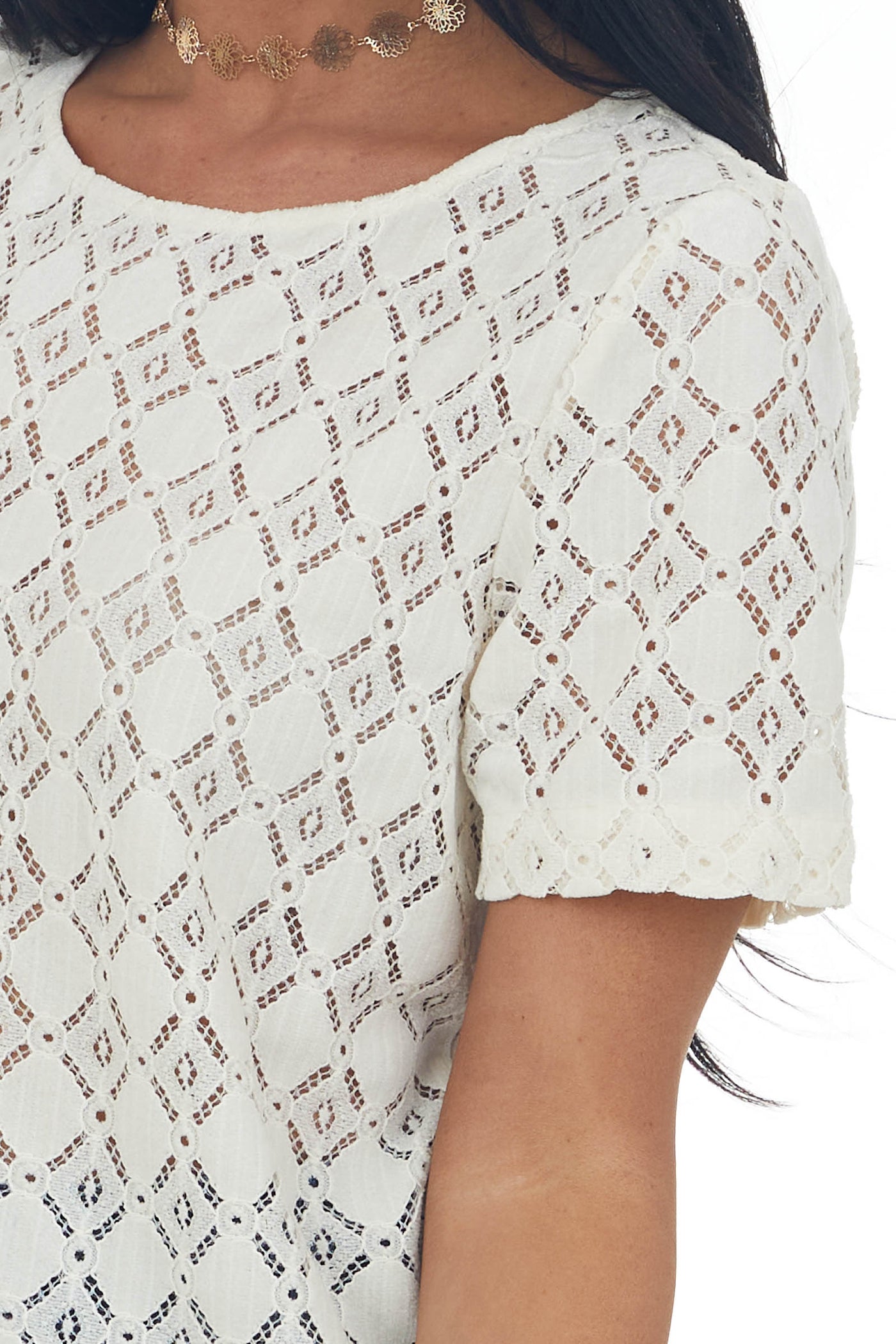 Champagne Crochet Lace Short Sleeve Woven Top