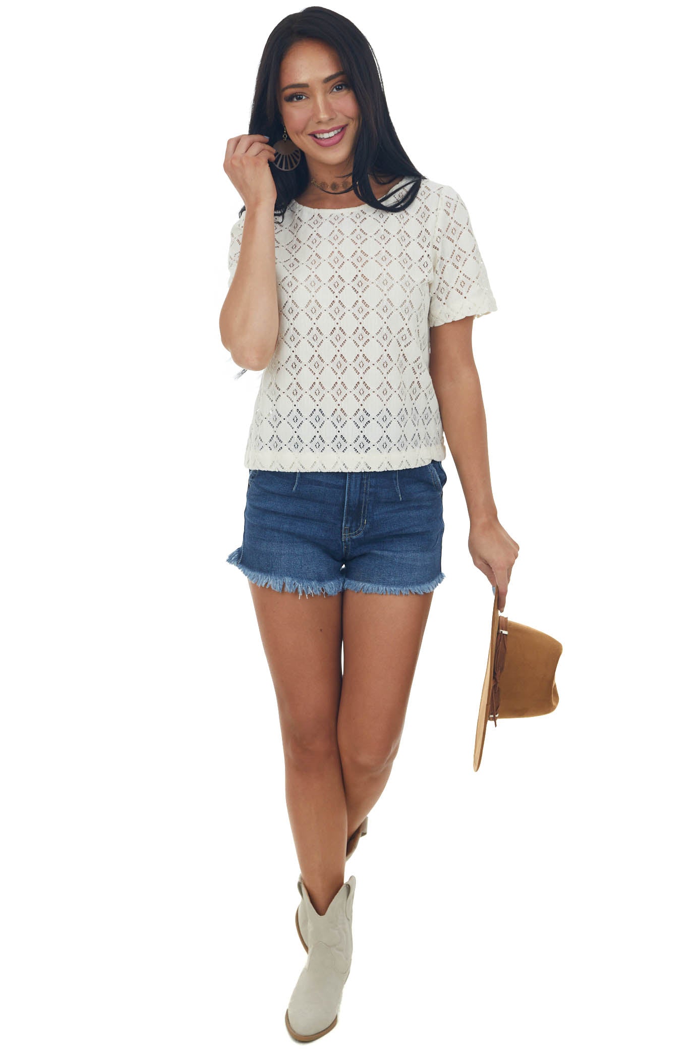 Champagne Crochet Lace Short Sleeve Woven Top