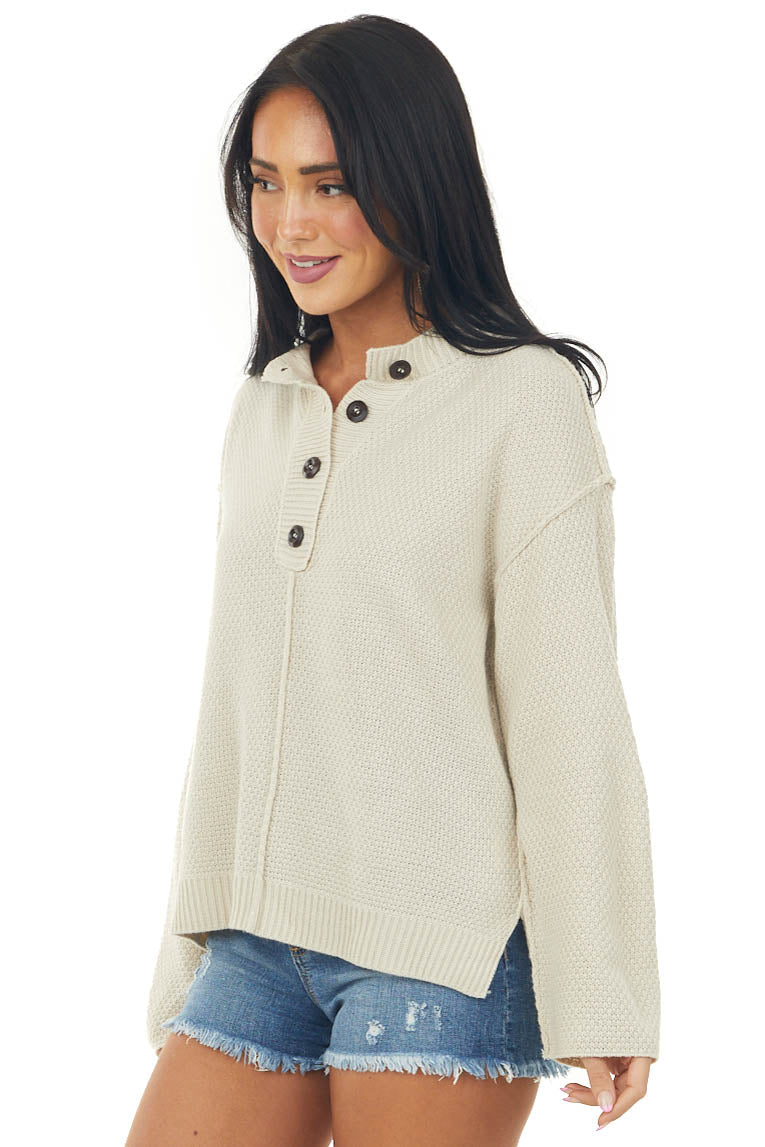 Champagne Drop Shoulder Henley Knit Sweater