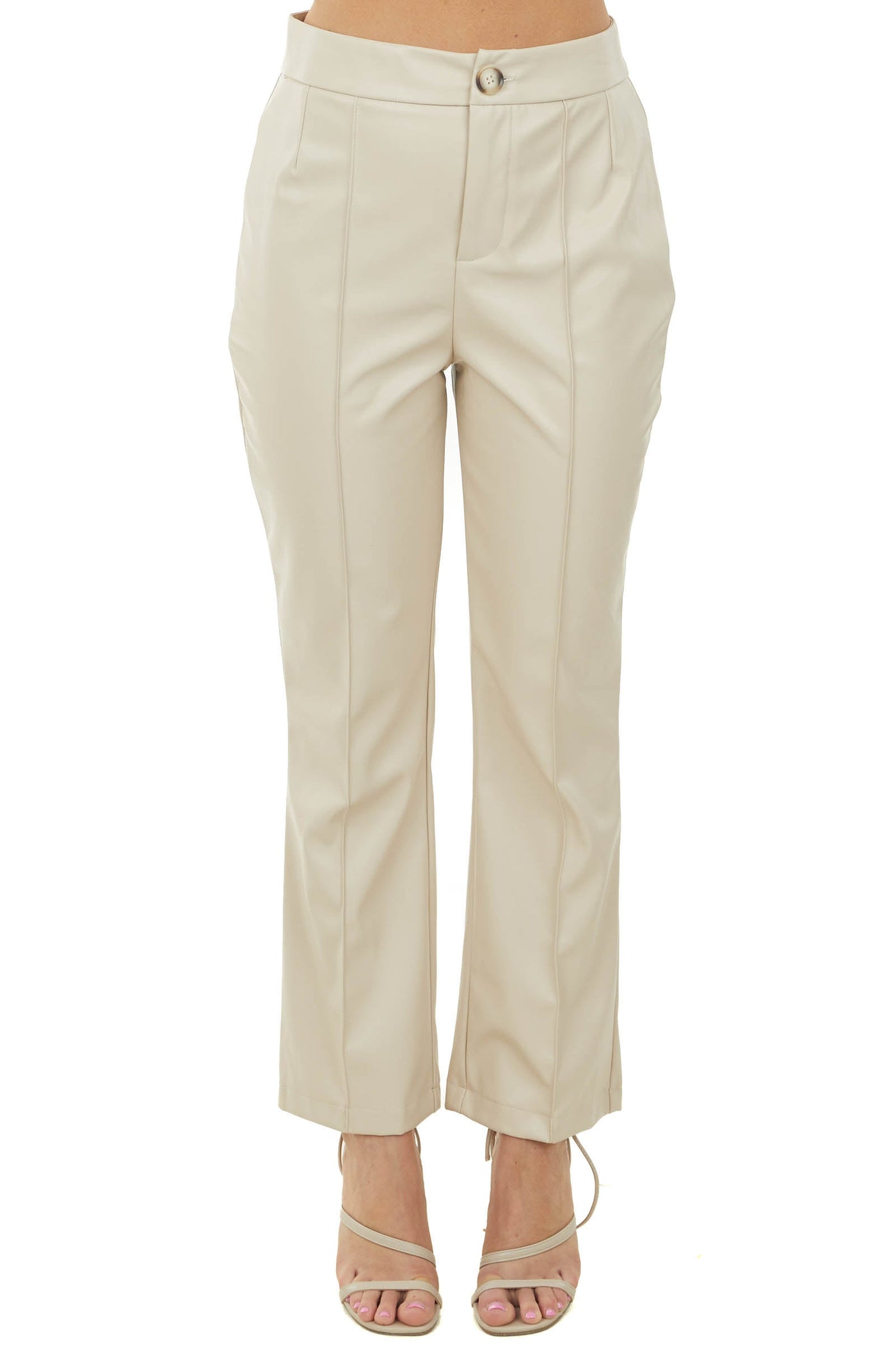 Champagne Faux Leather Pants with Slight Flare