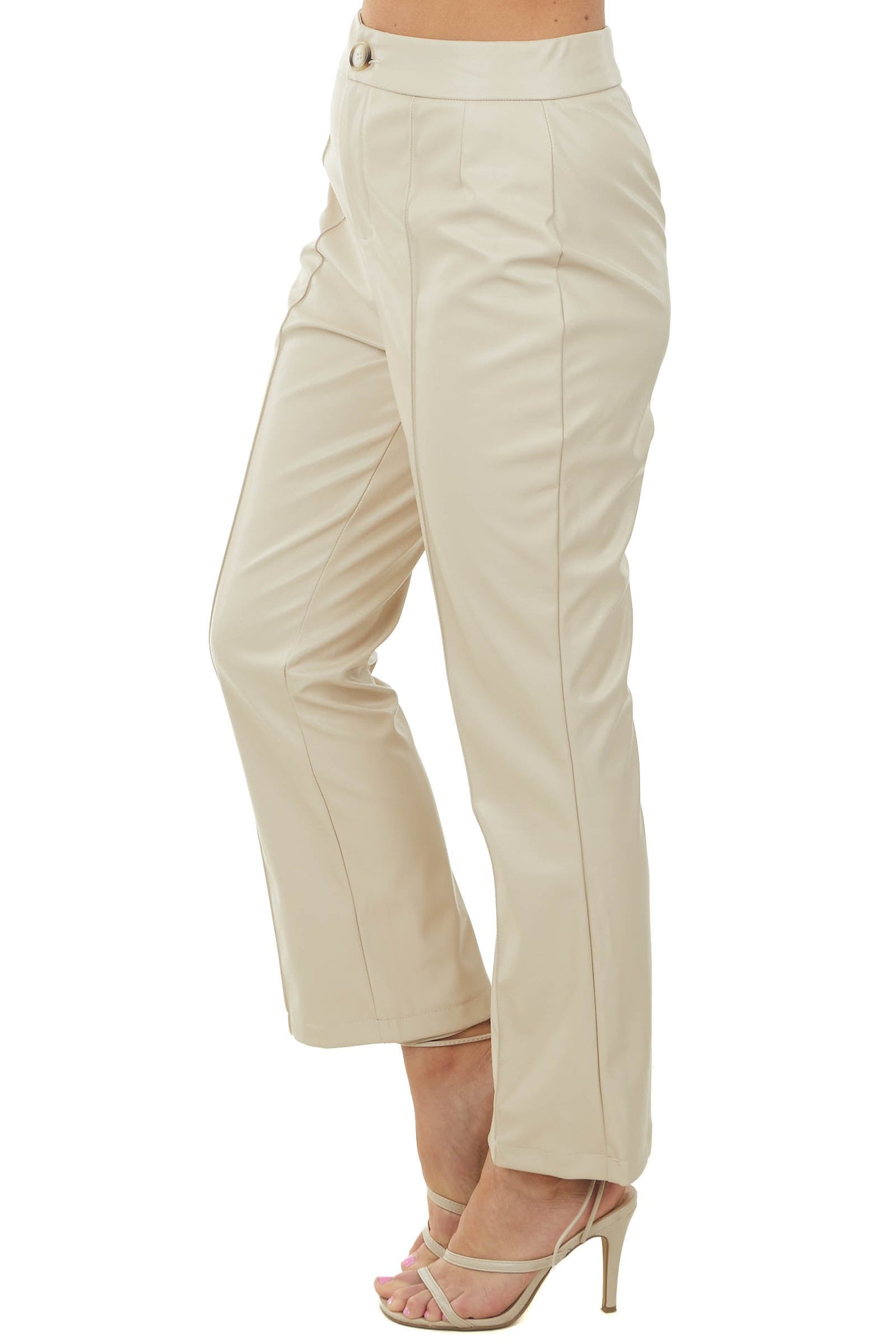 Champagne Faux Leather Pants with Slight Flare