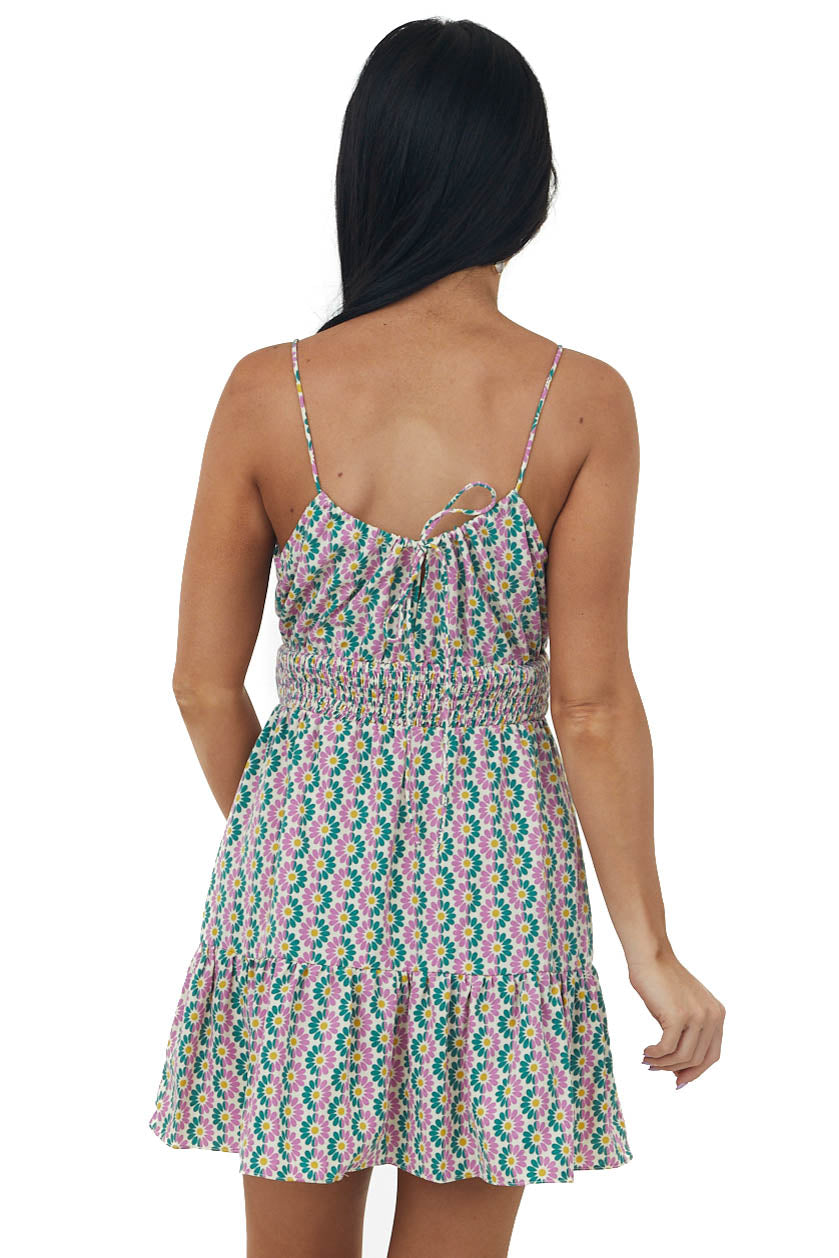 Champagne Floral Print Double Strap Mini Dress