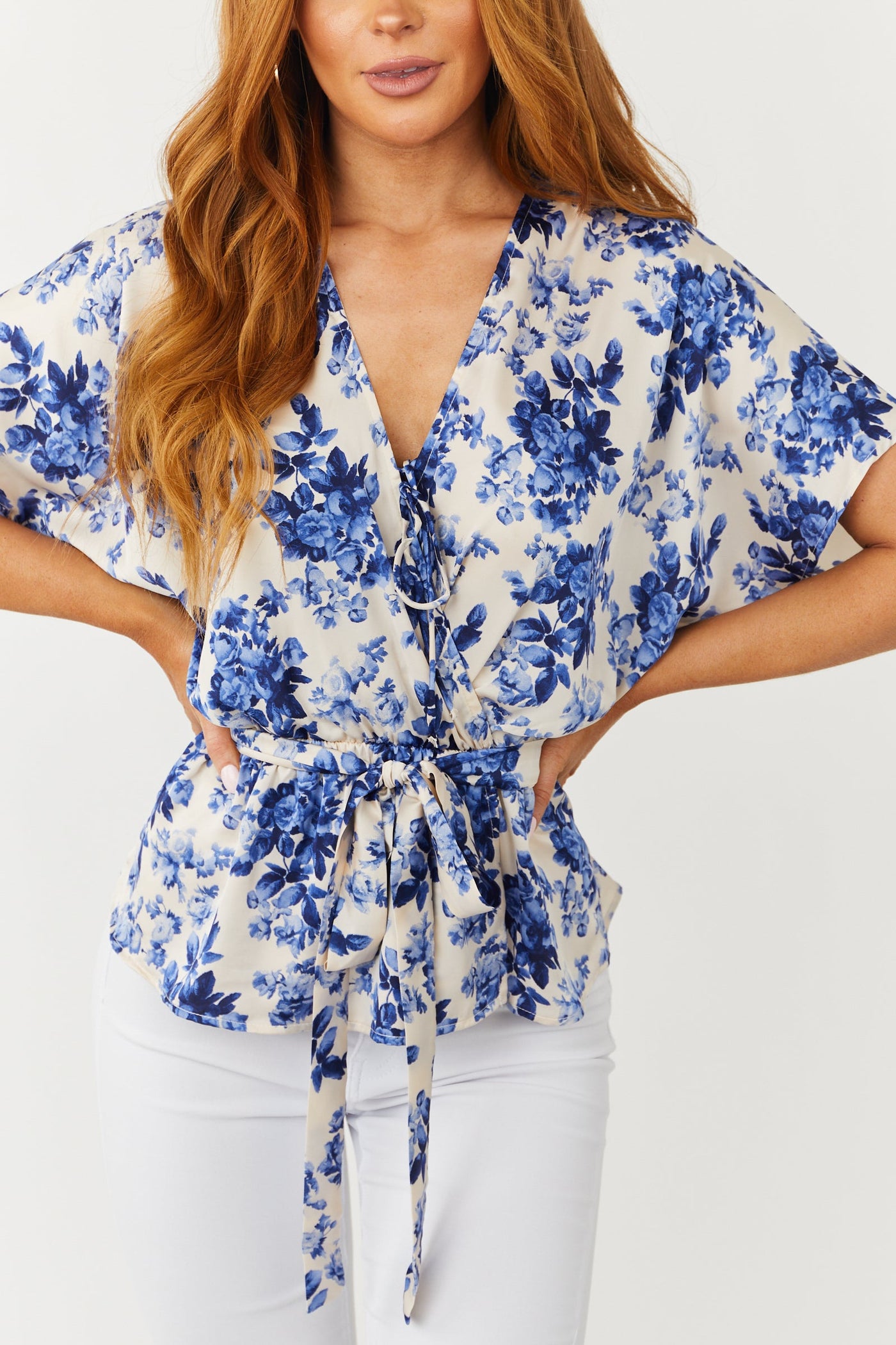 Champagne Floral Print Satin Peplum Blouse