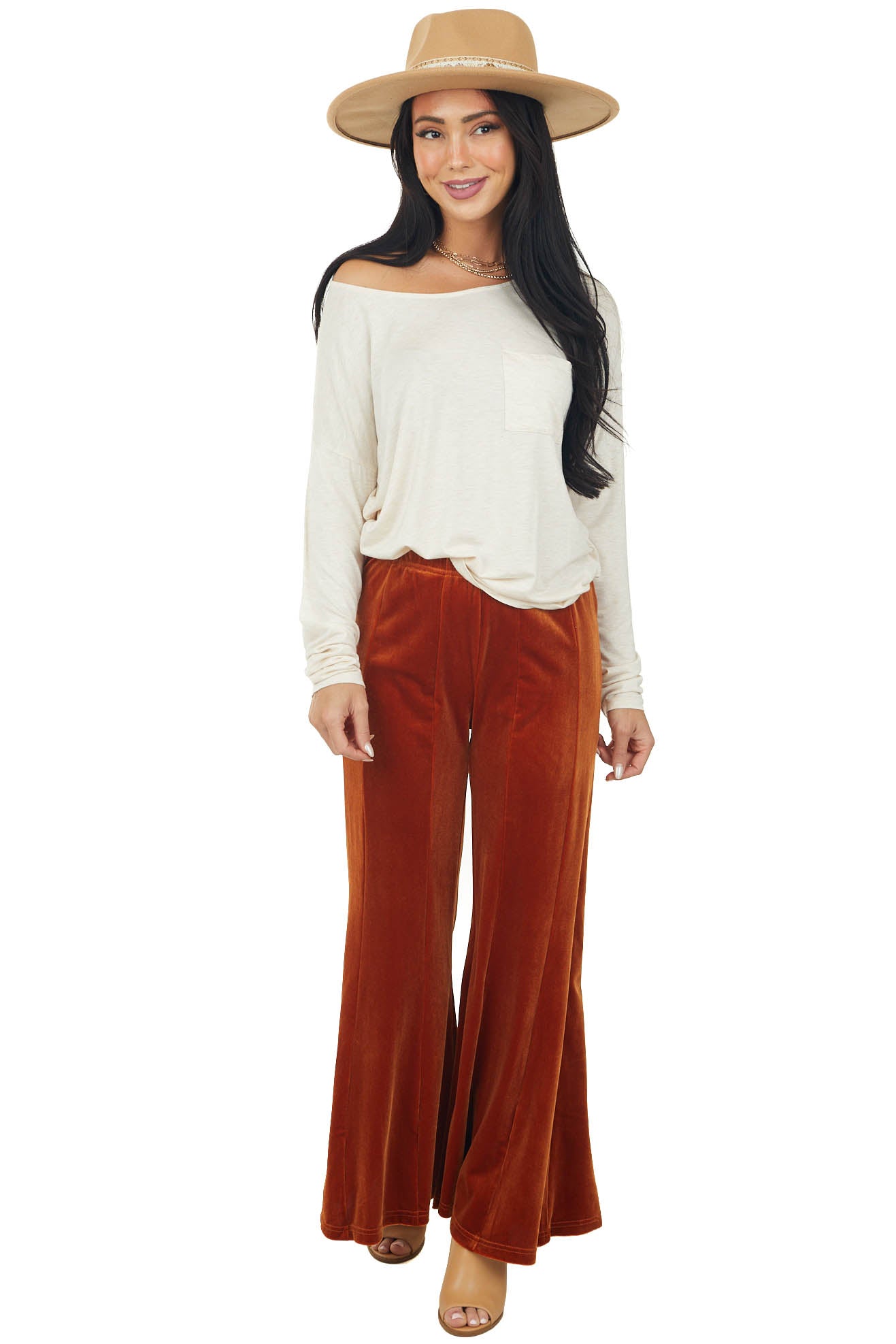 Champagne Long Sleeve Knit Top with Chest Pocket