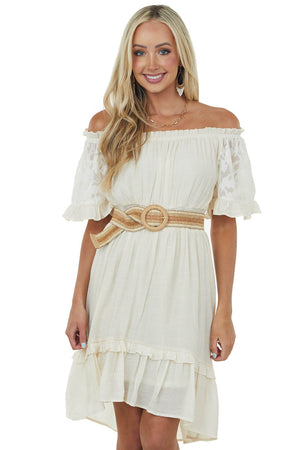 Champagne Off Shoulder Bell Sleeve Short Dress