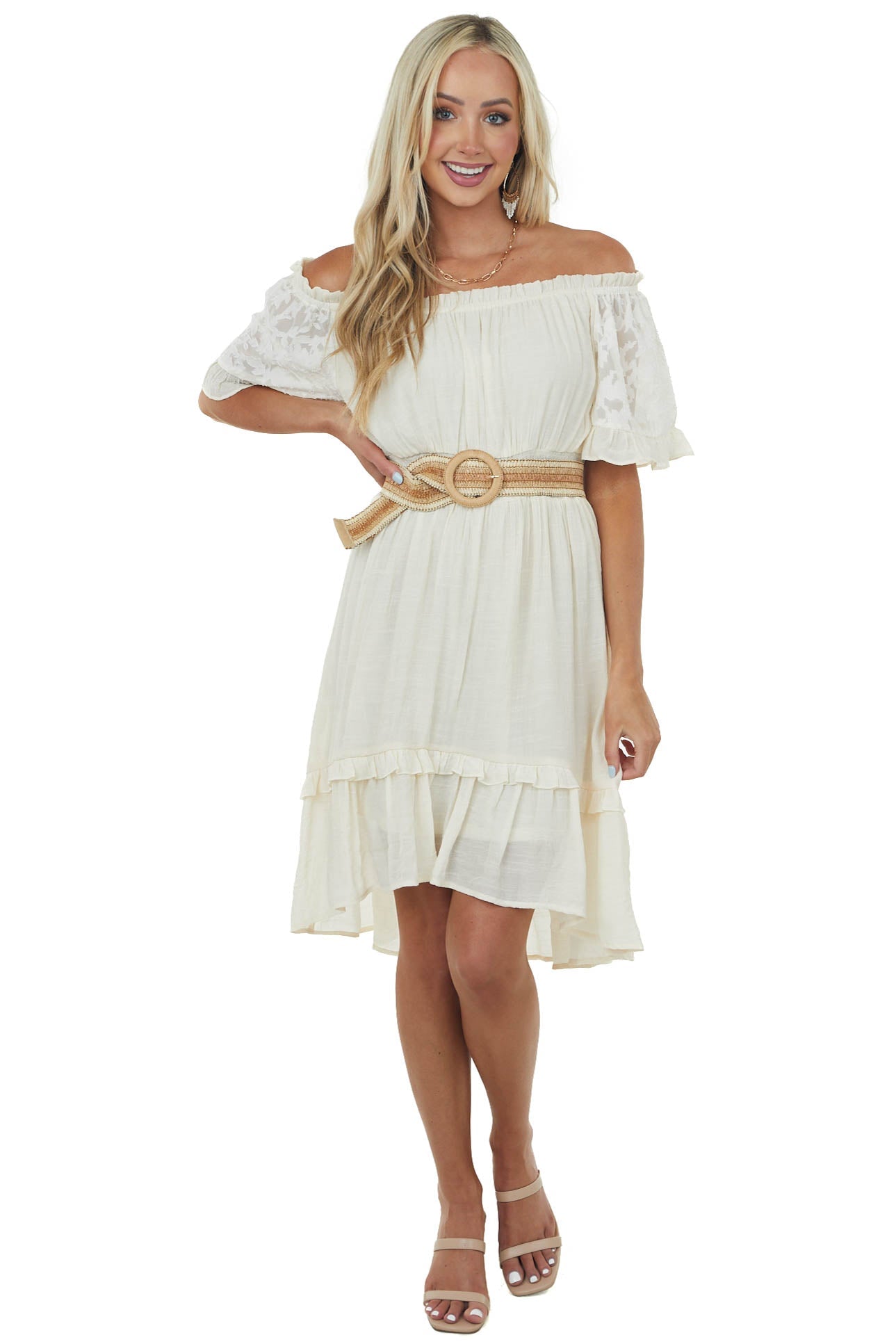 Champagne Off Shoulder Bell Sleeve Short Dress