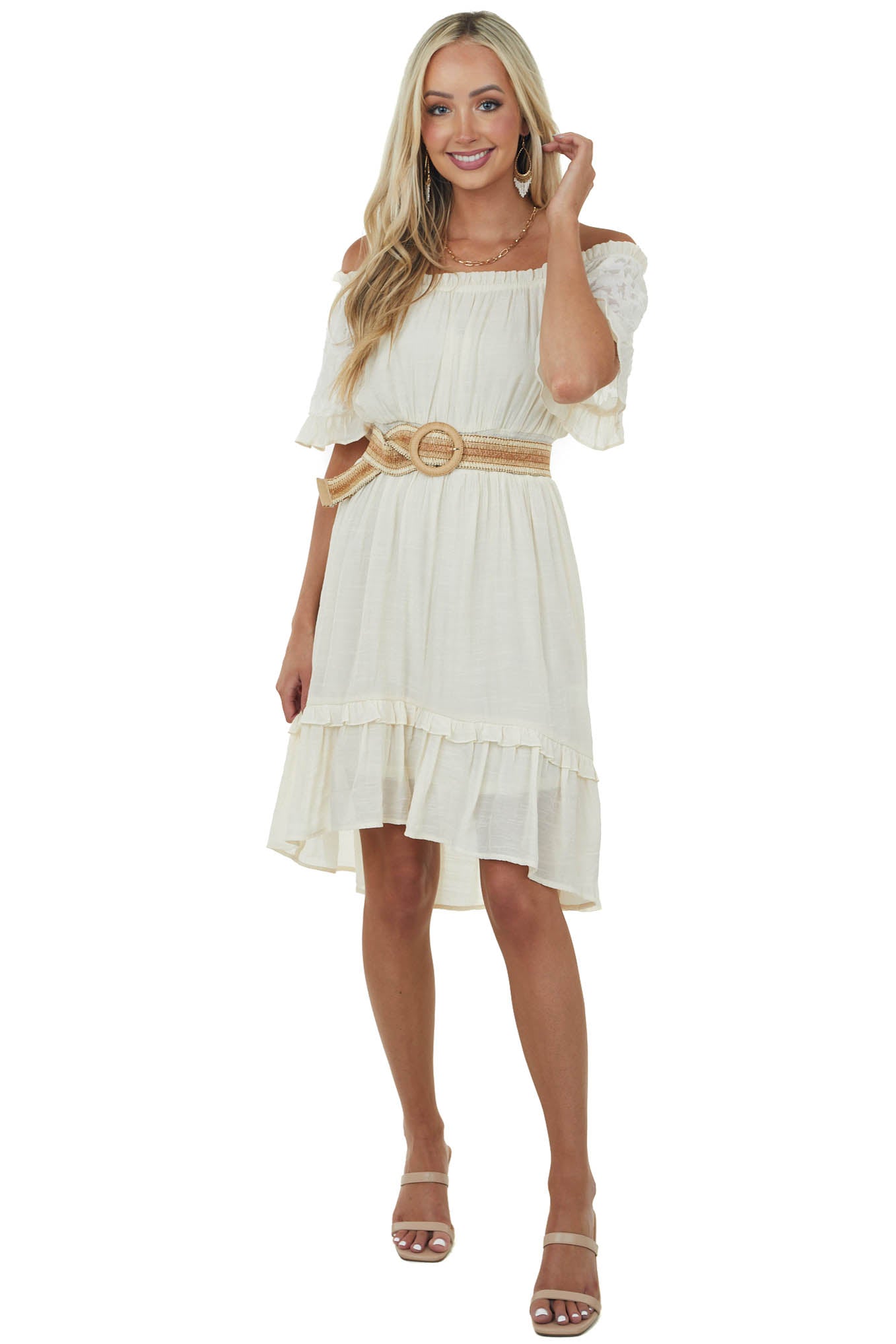 Champagne Off Shoulder Bell Sleeve Short Dress