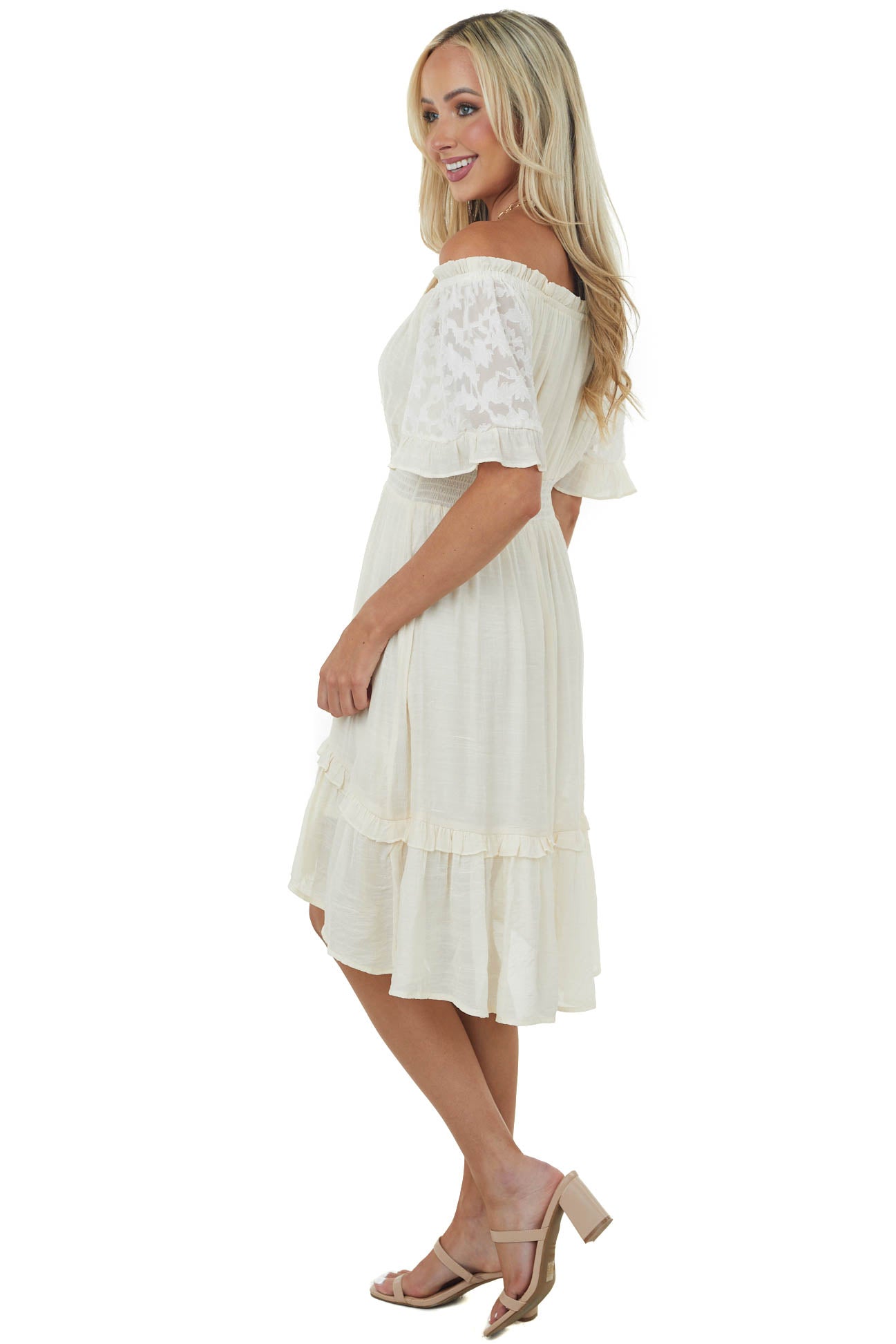 Champagne Off Shoulder Bell Sleeve Short Dress