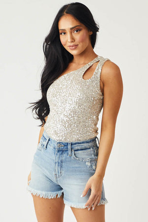 Champagne One Shoulder Cut Out Sequined Top