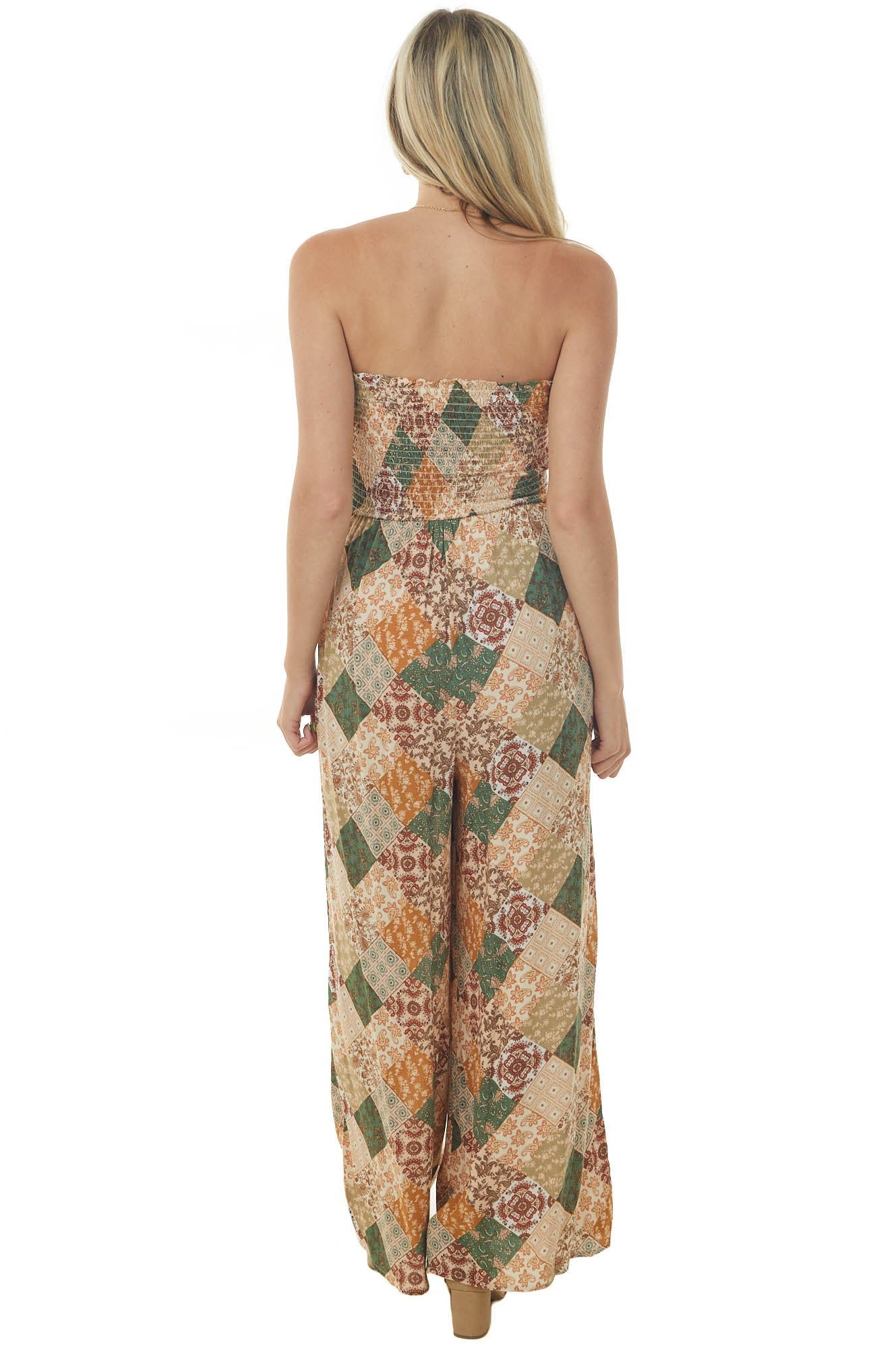 Champagne Patchwork Strapless Smocked Jumpsuit