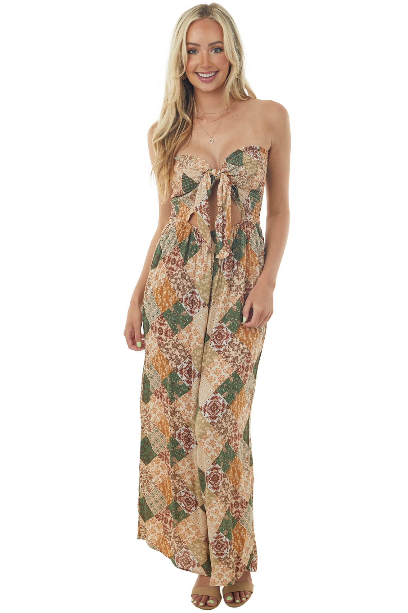 Champagne Patchwork Strapless Smocked Jumpsuit