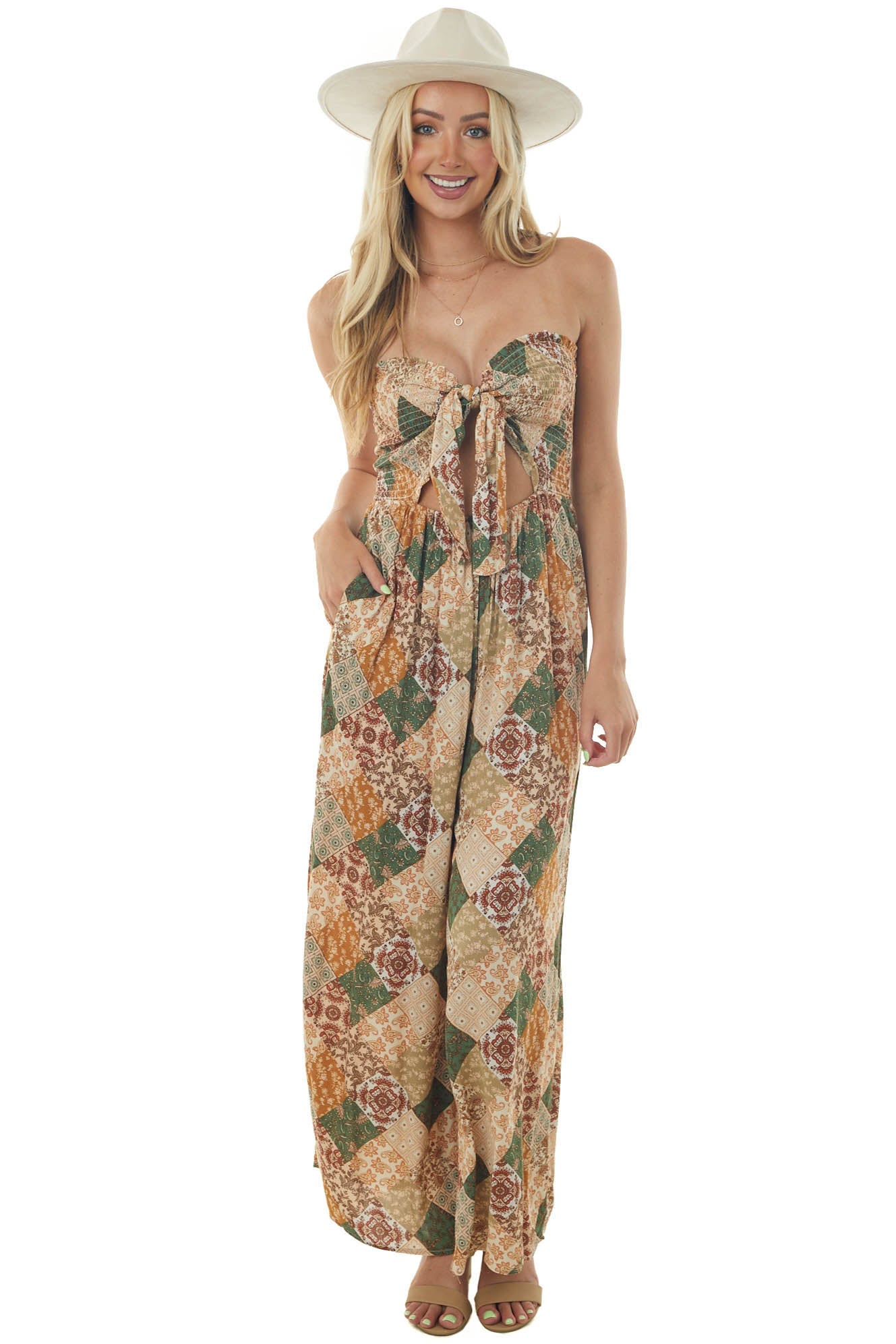 Champagne Patchwork Strapless Smocked Jumpsuit