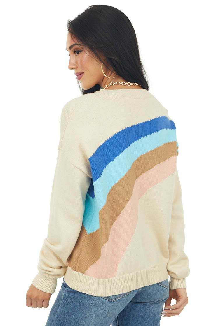 Champagne Retro Striped Button Front Cardigan