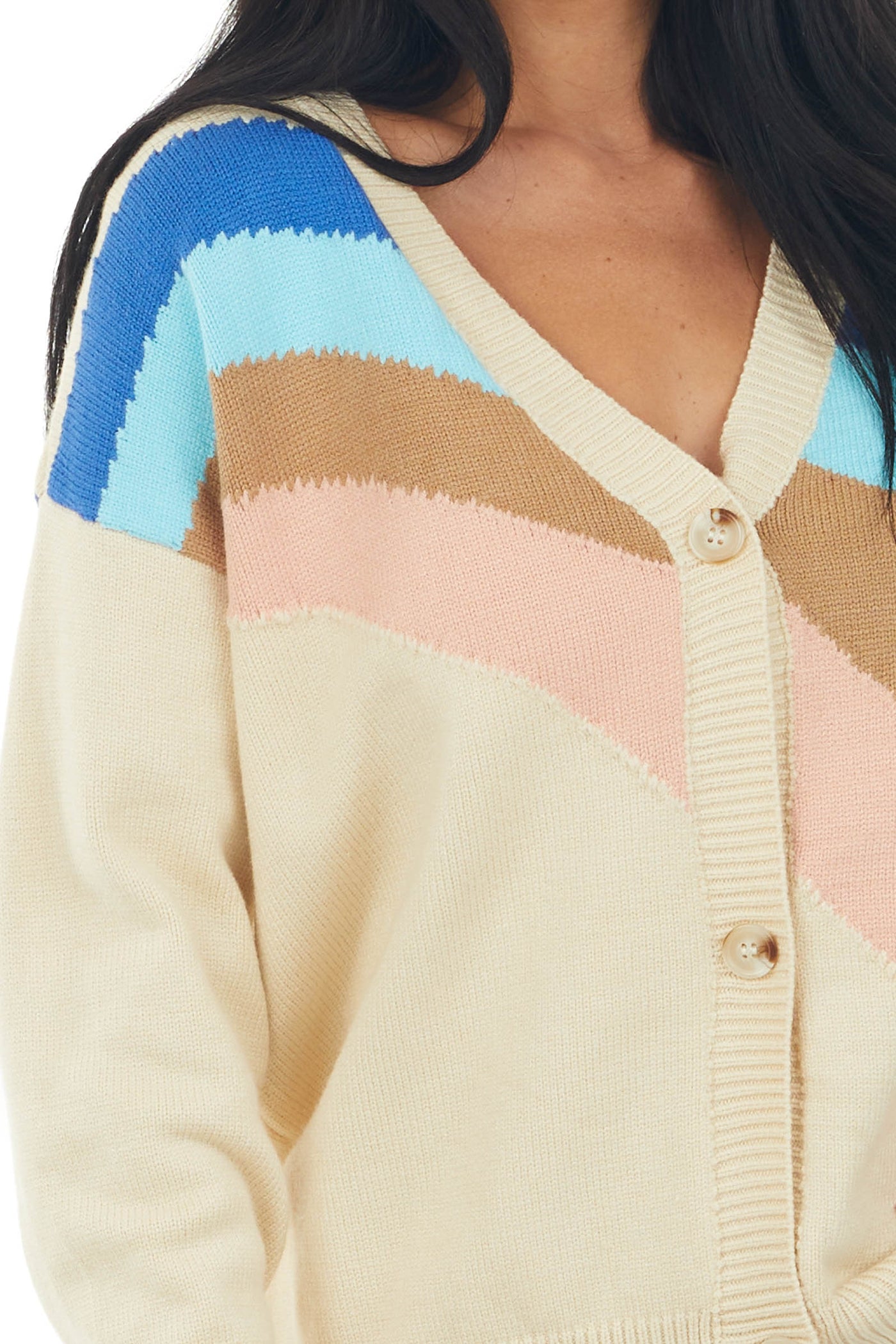 Champagne Retro Striped Button Front Cardigan