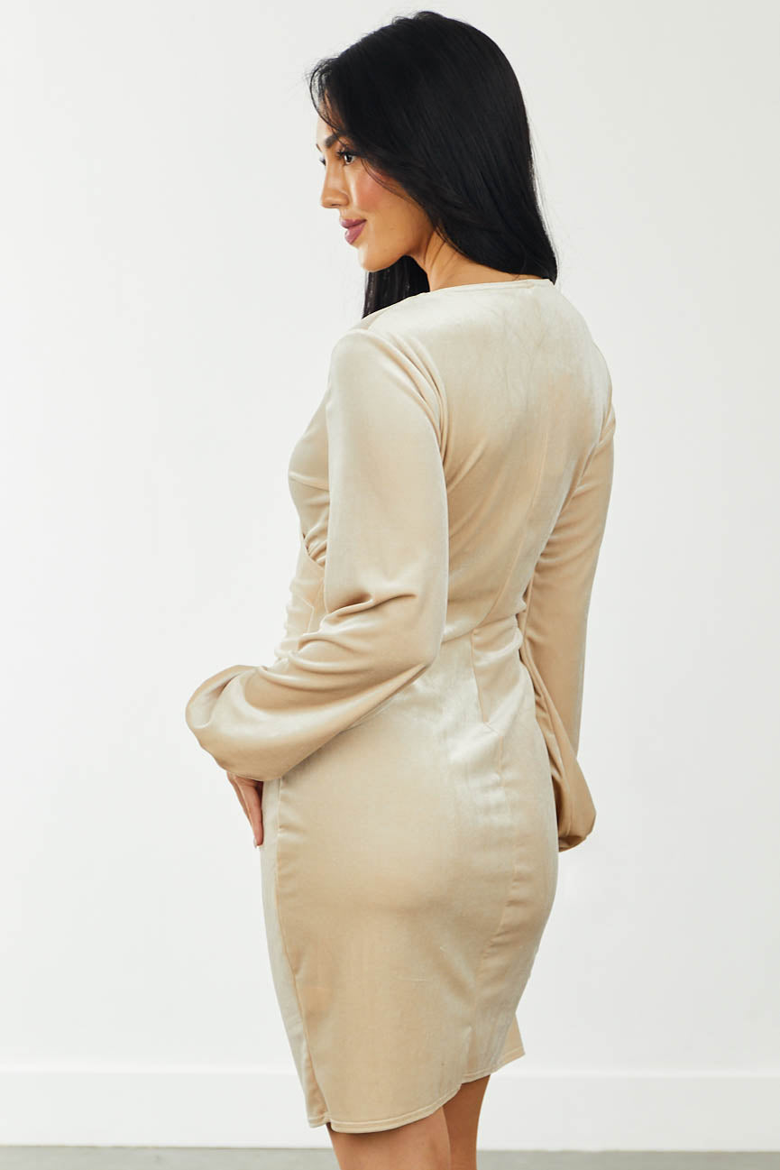 Champagne Ruched Side Velvet Short Dress