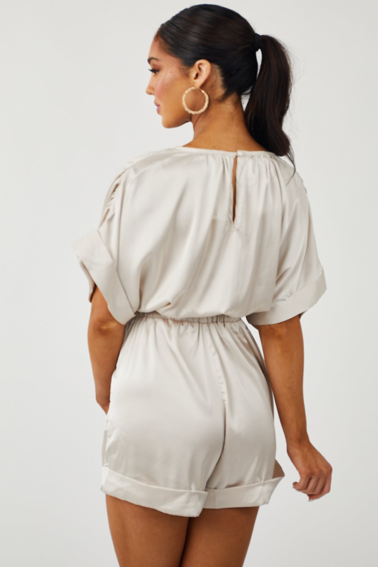 Champagne Silk Short Sleeve V Neck Romper