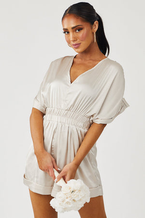 Champagne Silk Short Sleeve V Neck Romper