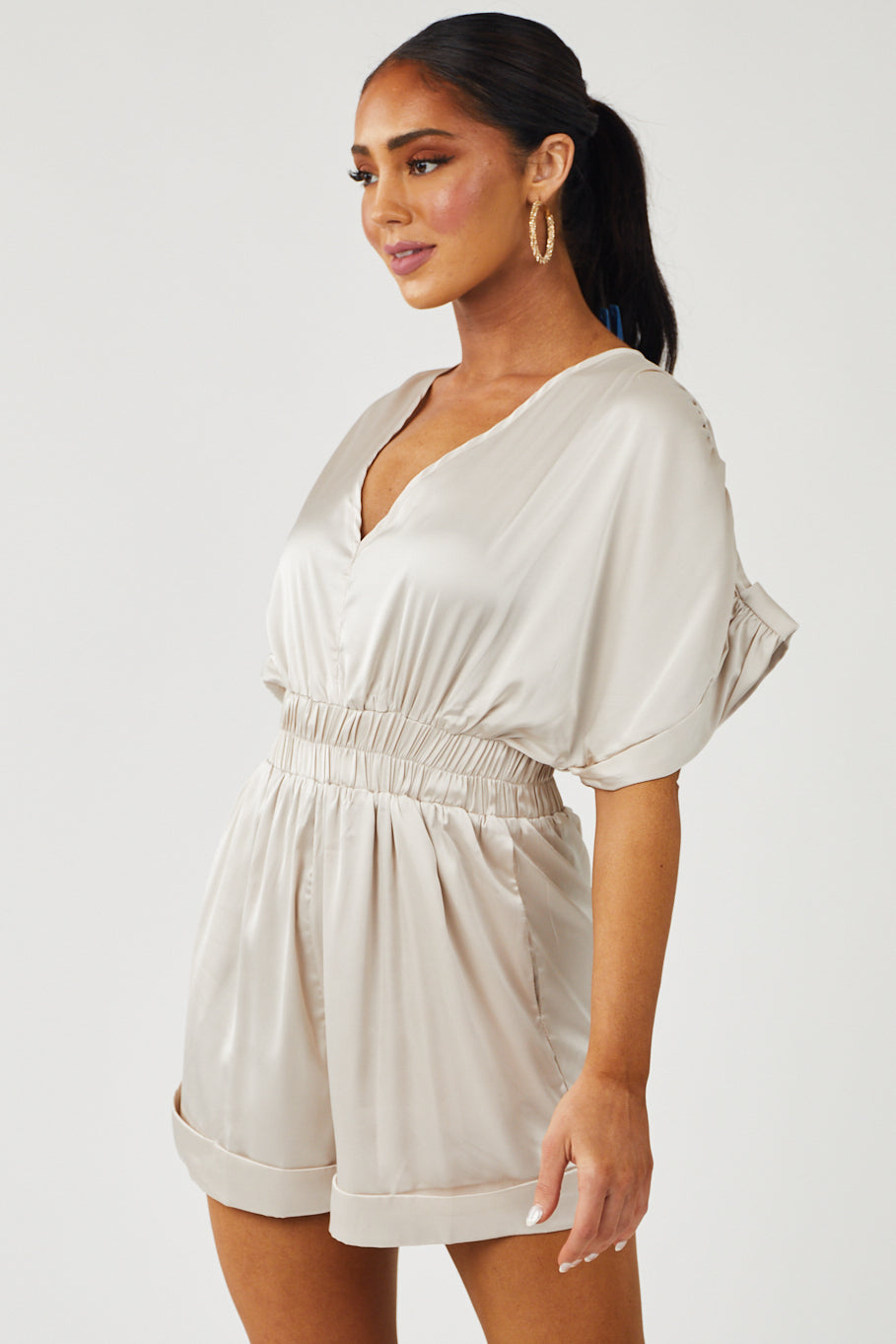 Champagne Silk Short Sleeve V Neck Romper