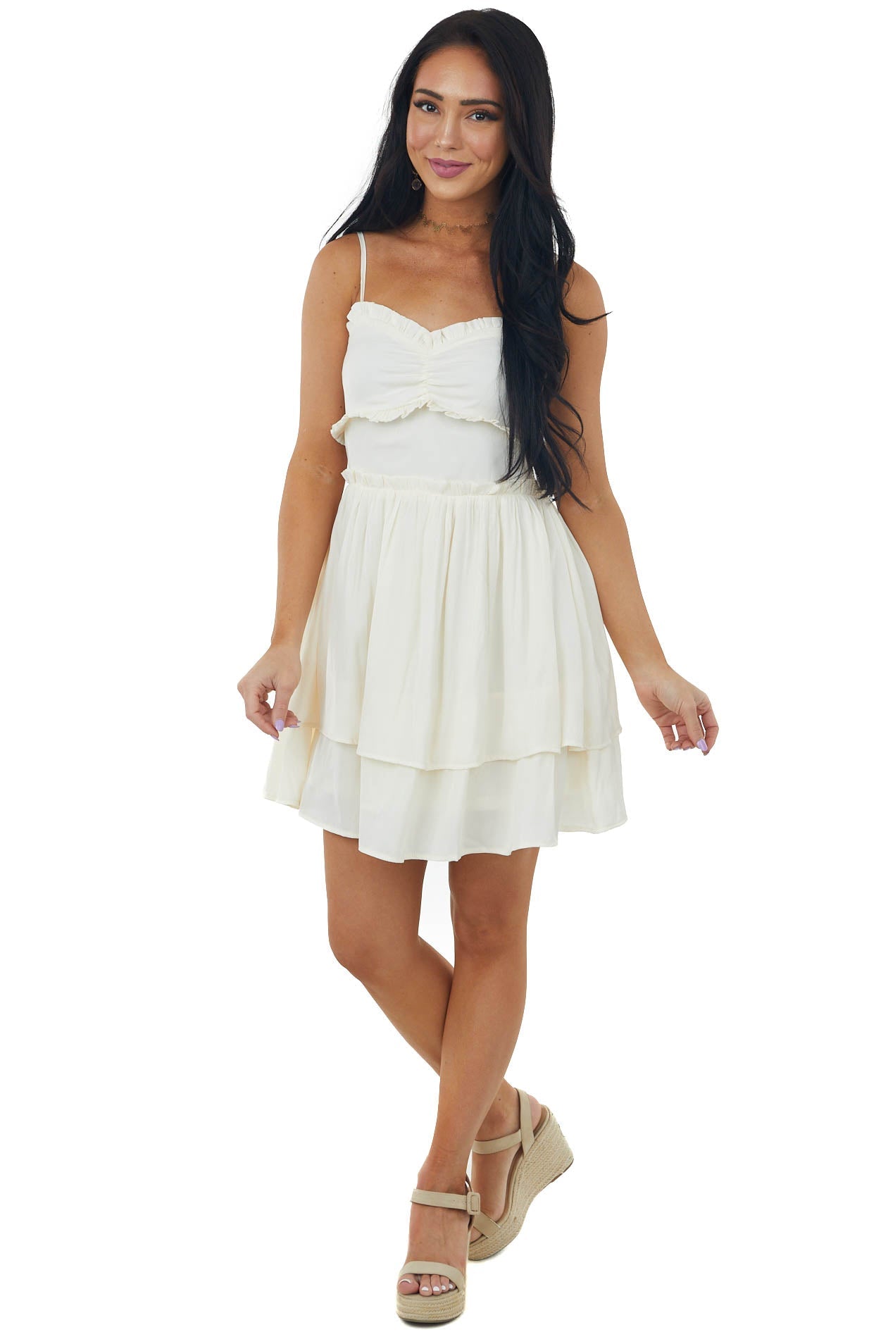 Champagne Sleeveless Ruffle Overlay Mini Dress