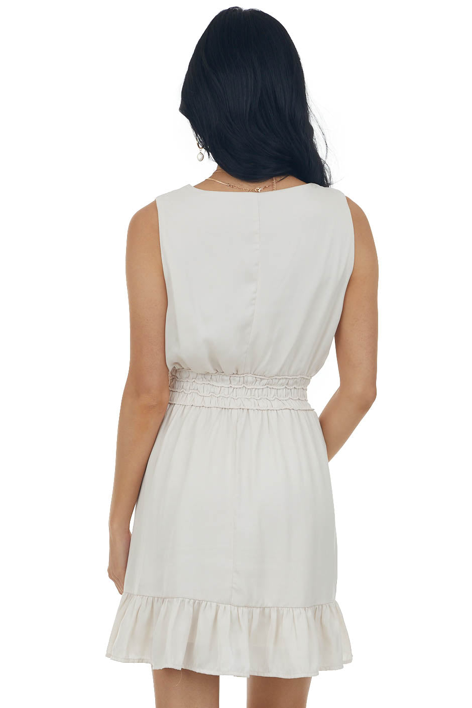 Champagne Sleeveless Surplice Smocked Mini Dress