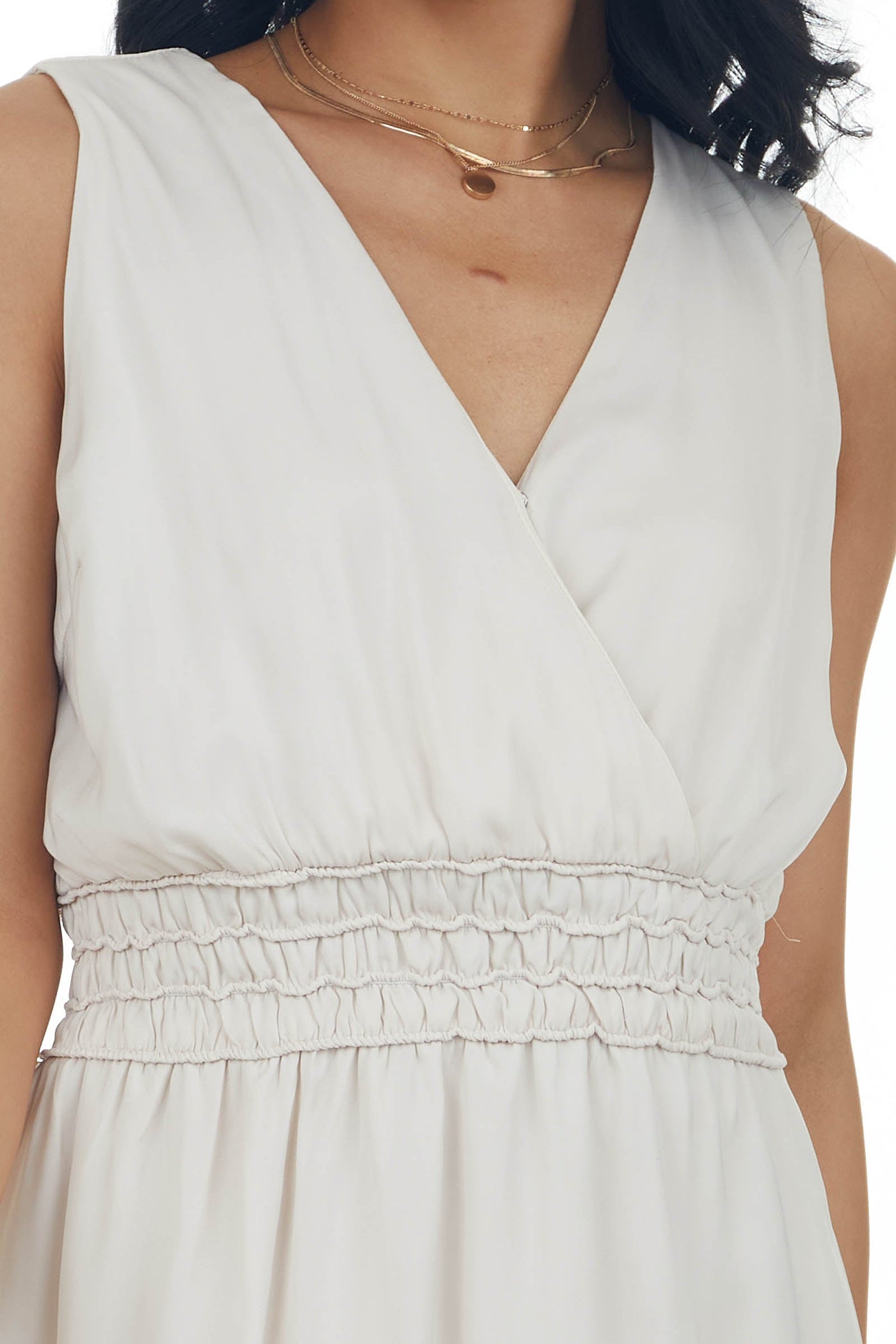 Champagne Sleeveless Surplice Smocked Mini Dress