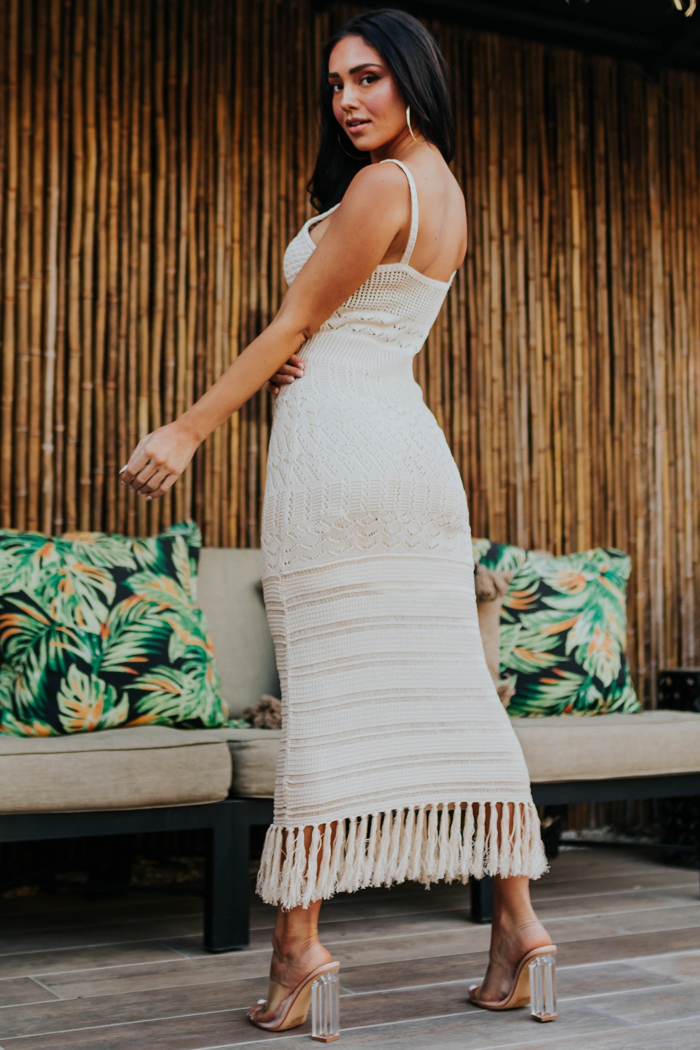 Champagne Sleeveless Tassel Hem Crochet Maxi Dress