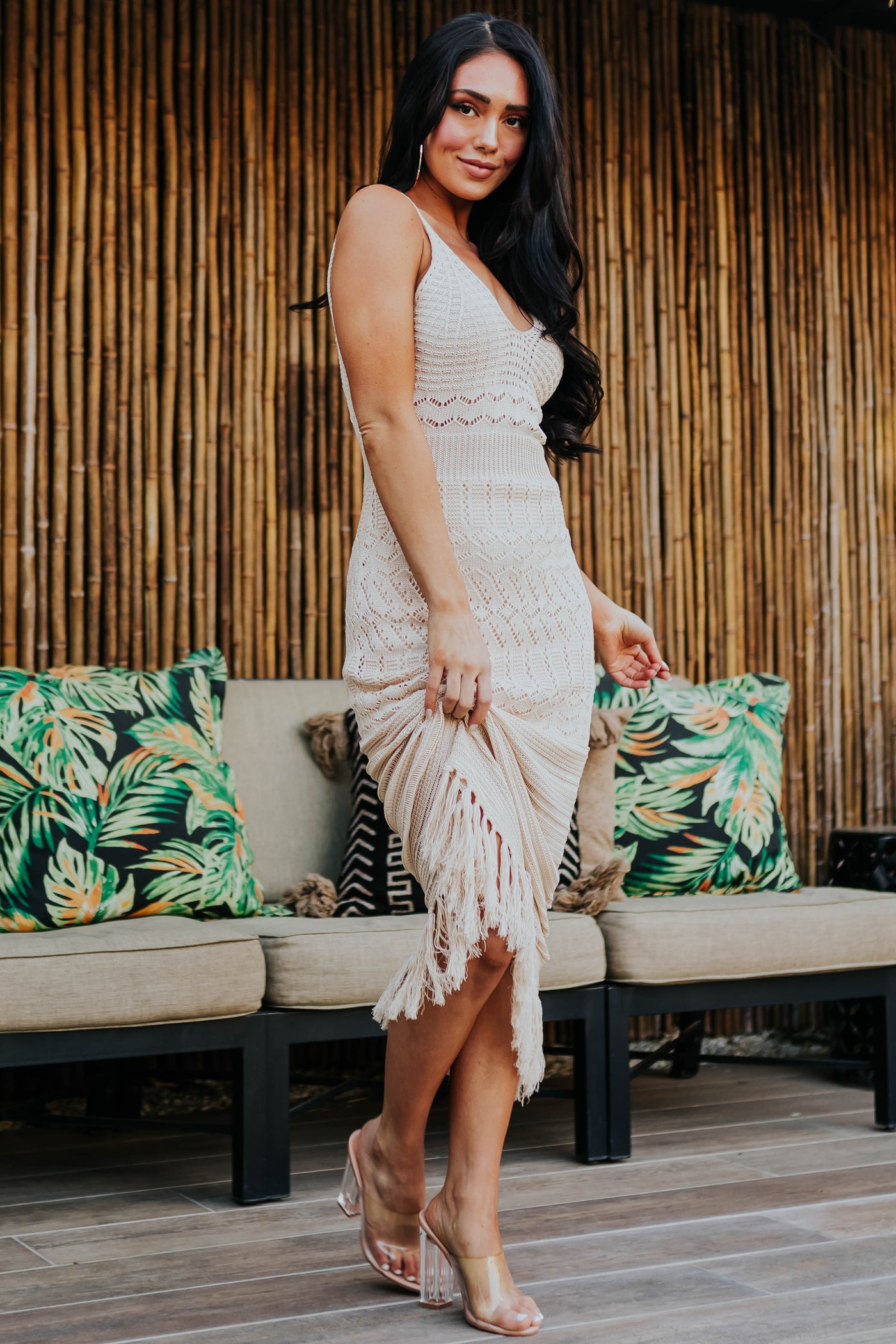 Champagne Sleeveless Tassel Hem Crochet Maxi Dress